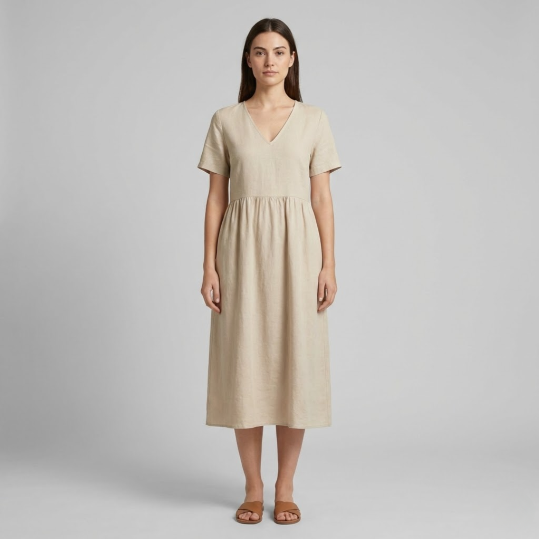 Braumier | Womens Short Sleeve V Neck Midi Dress Beige