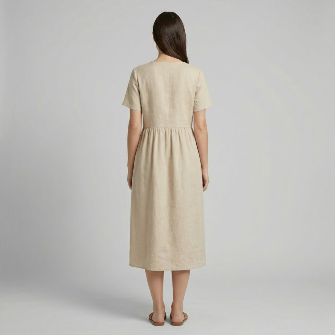 Braumier | Womens Short Sleeve V Neck Midi Dress Beige
