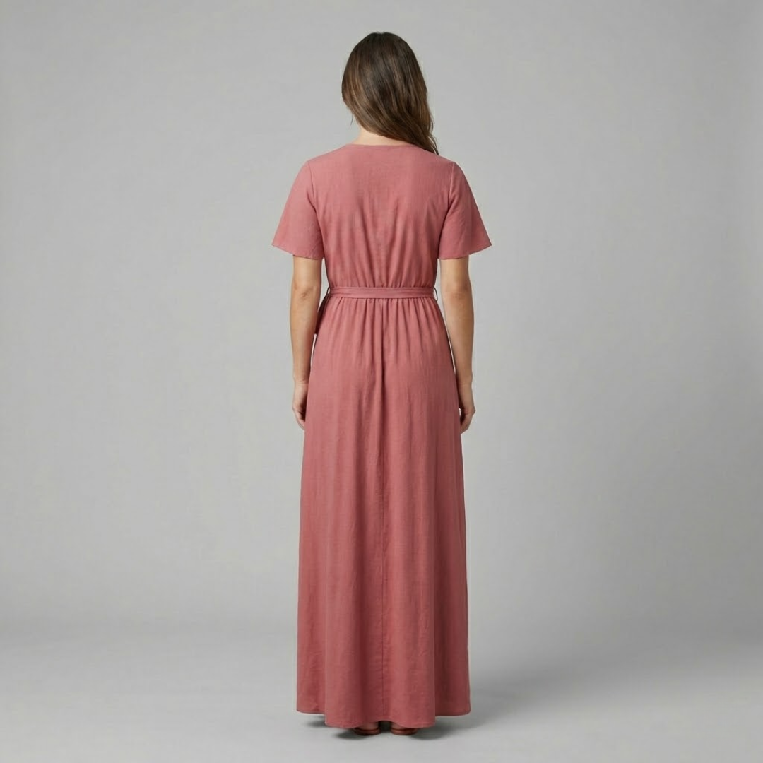 Braumier | Womens Rose V Neck Short Sleeve Wrap Maxi Dress