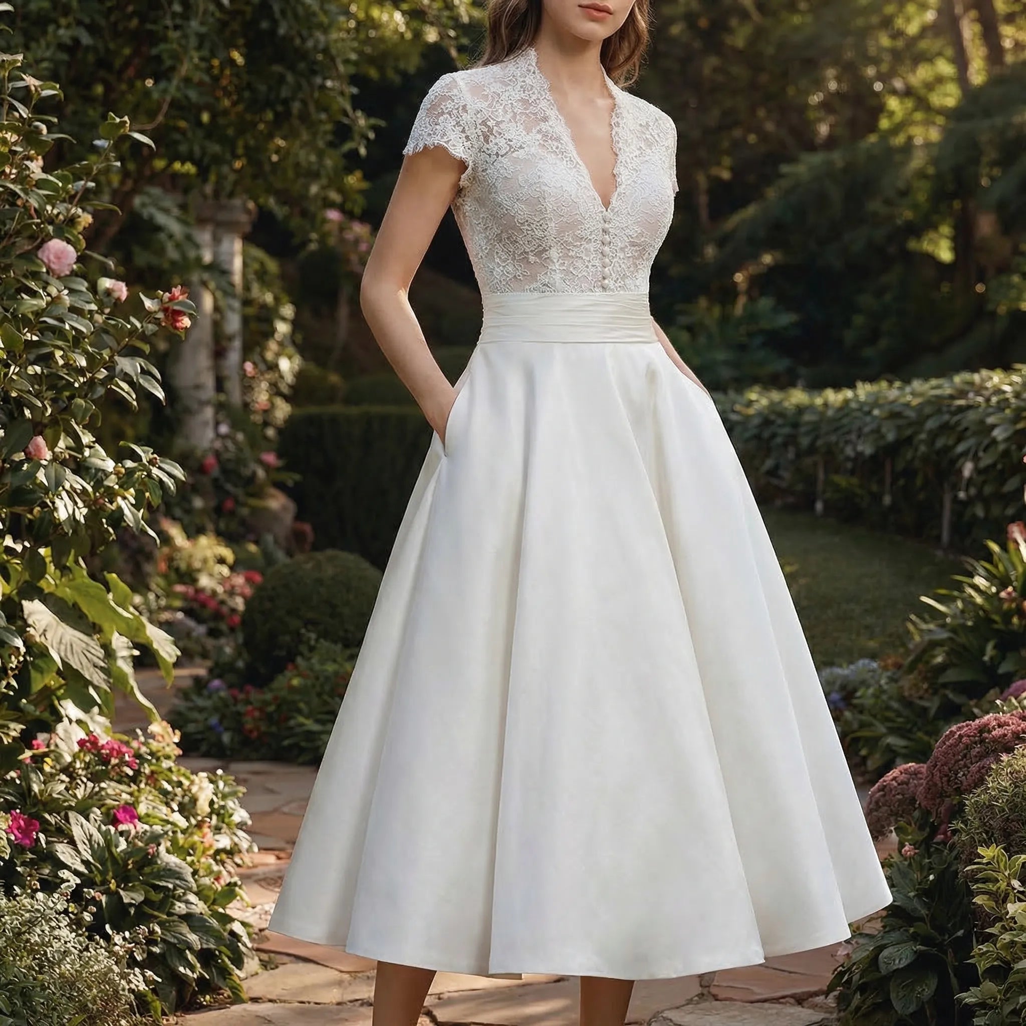 Bellacen - Lace Bodice Midi Wedding Dress
