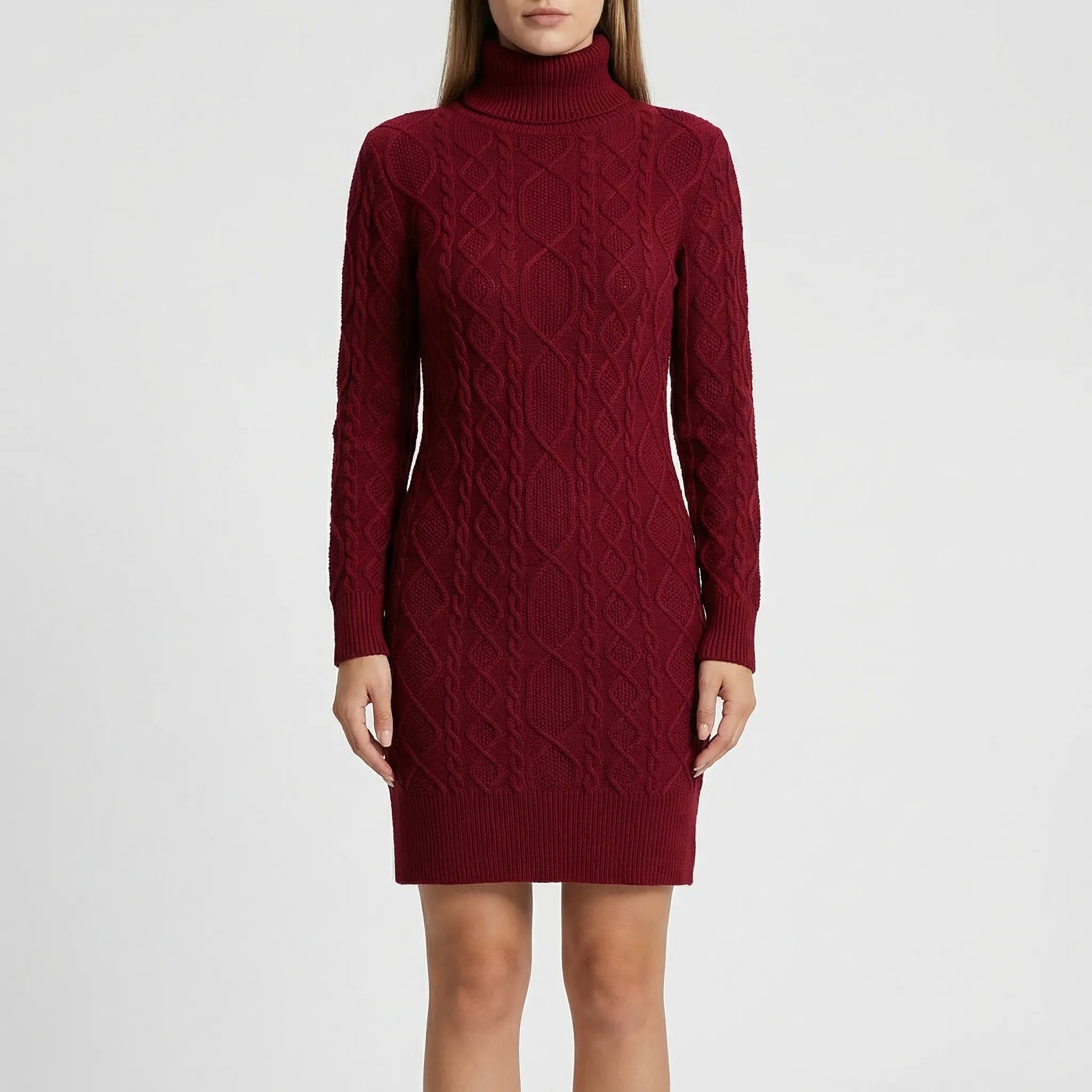 Cablique - Cable-Knit Turtleneck Midi Dress
