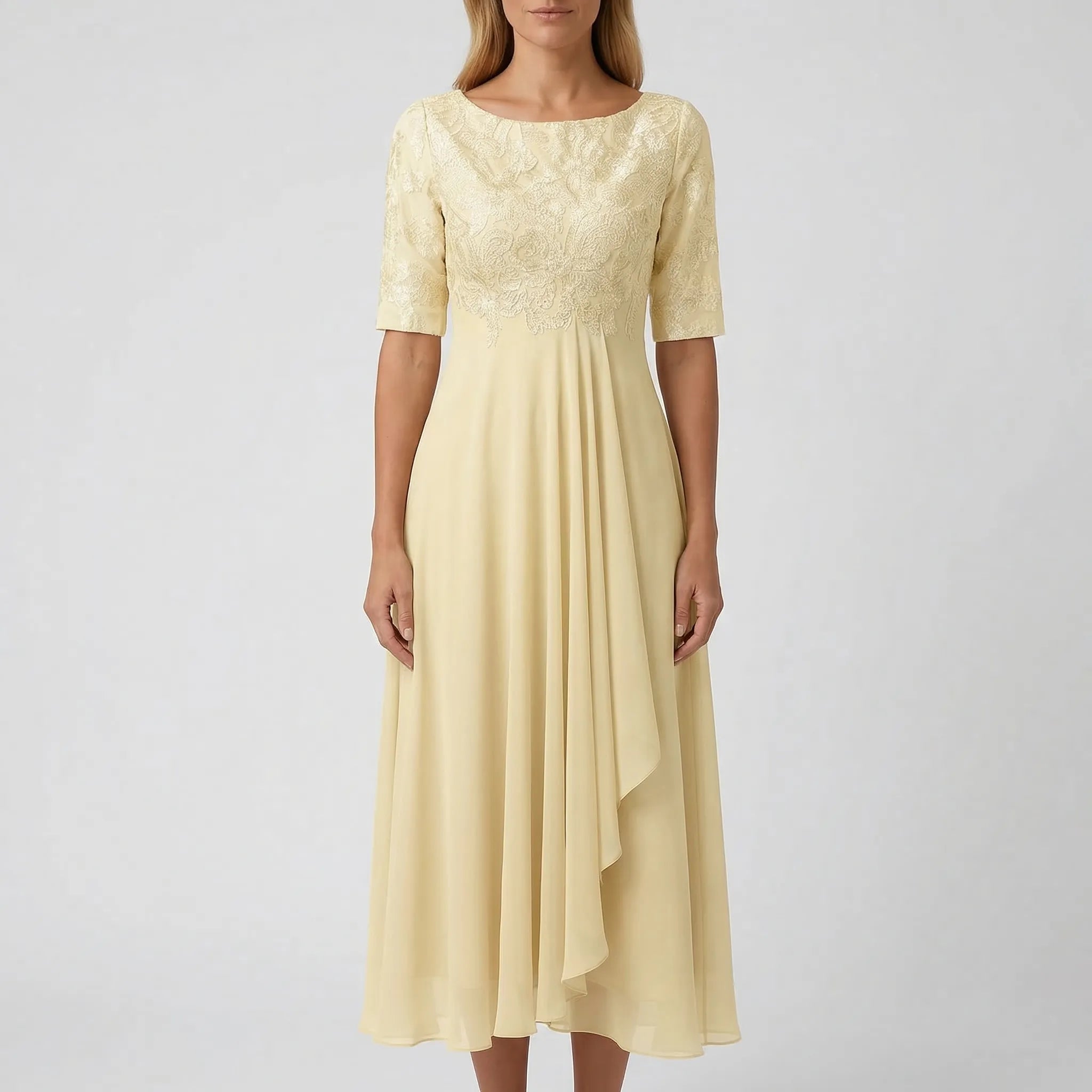 Florvelle - A-Line Midi Dress With Lace Bodice