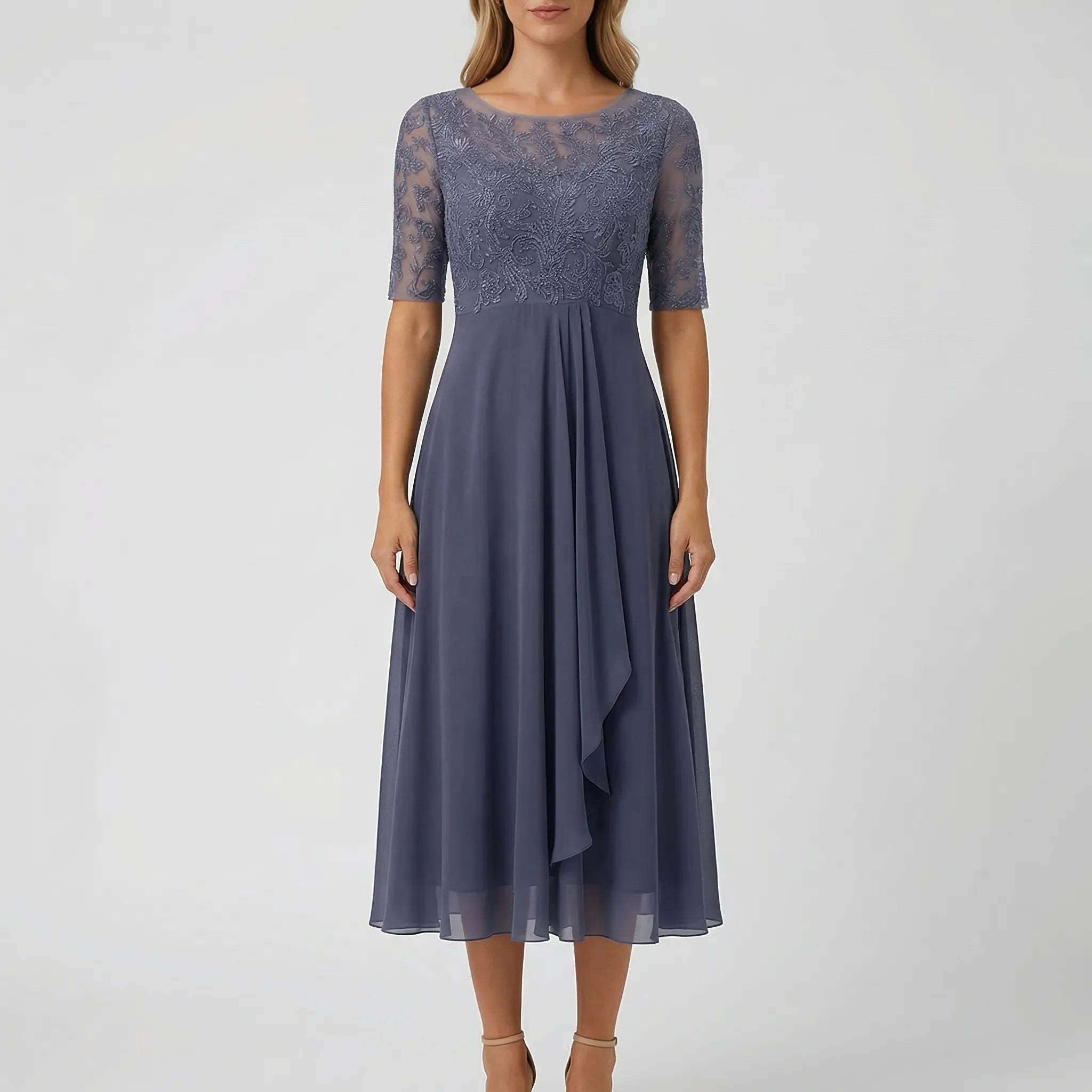 Florvelle - A-Line Midi Dress With Lace Bodice