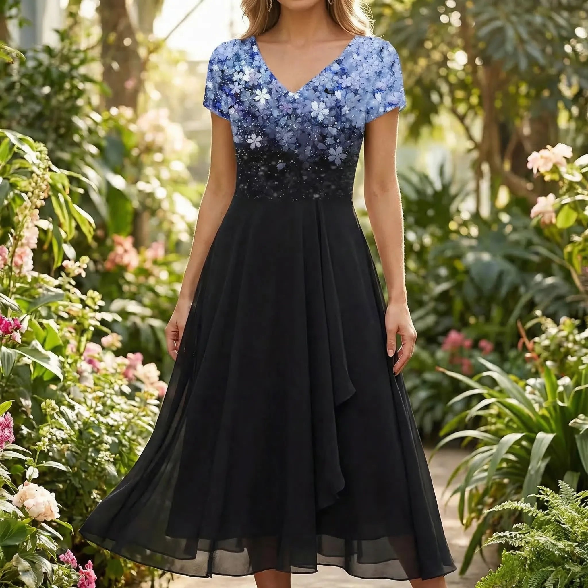 Florvelle - Floral Bodice Midi Dress With Short Sleeves