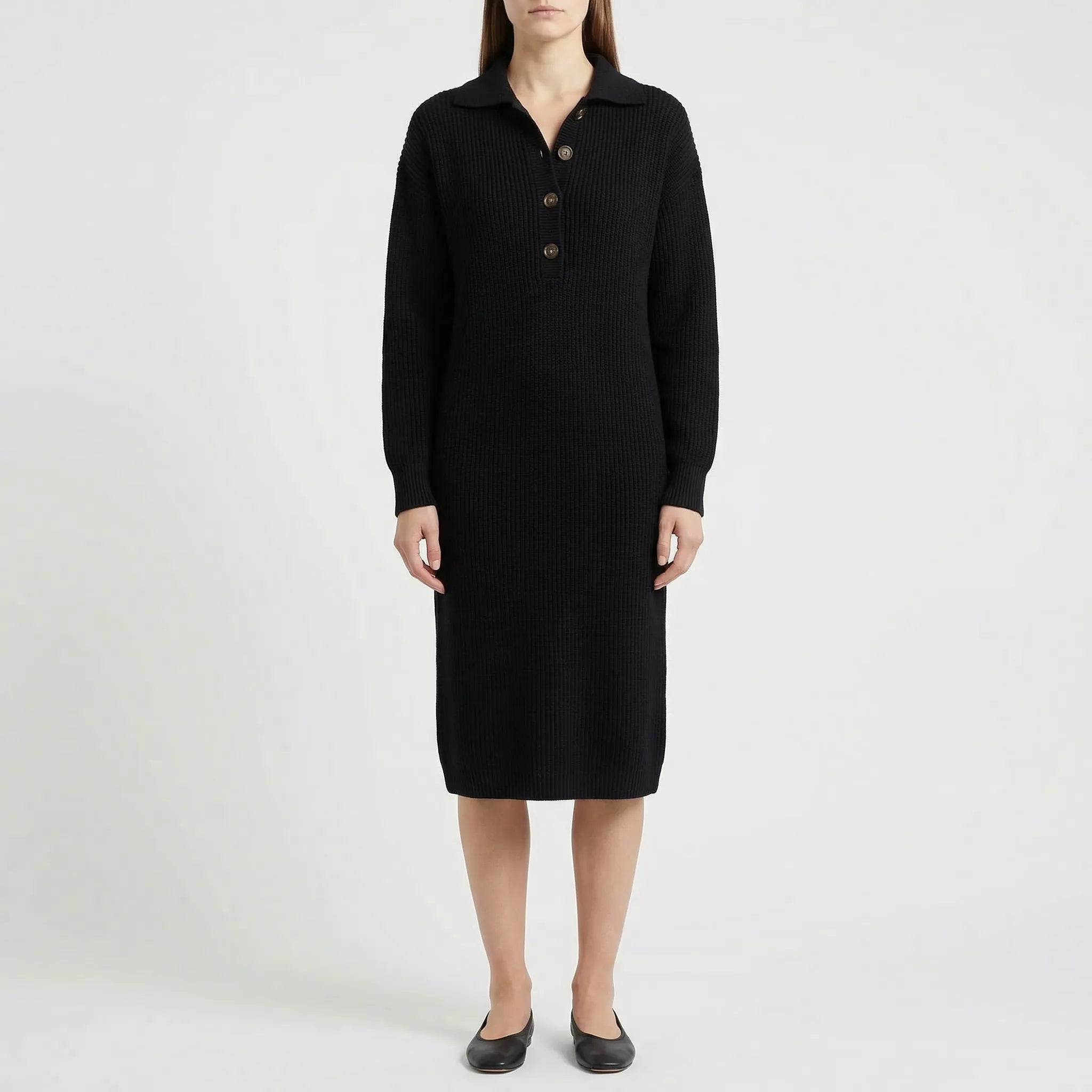 Ribbelle - Ribbed Midi Dress With Button Placket