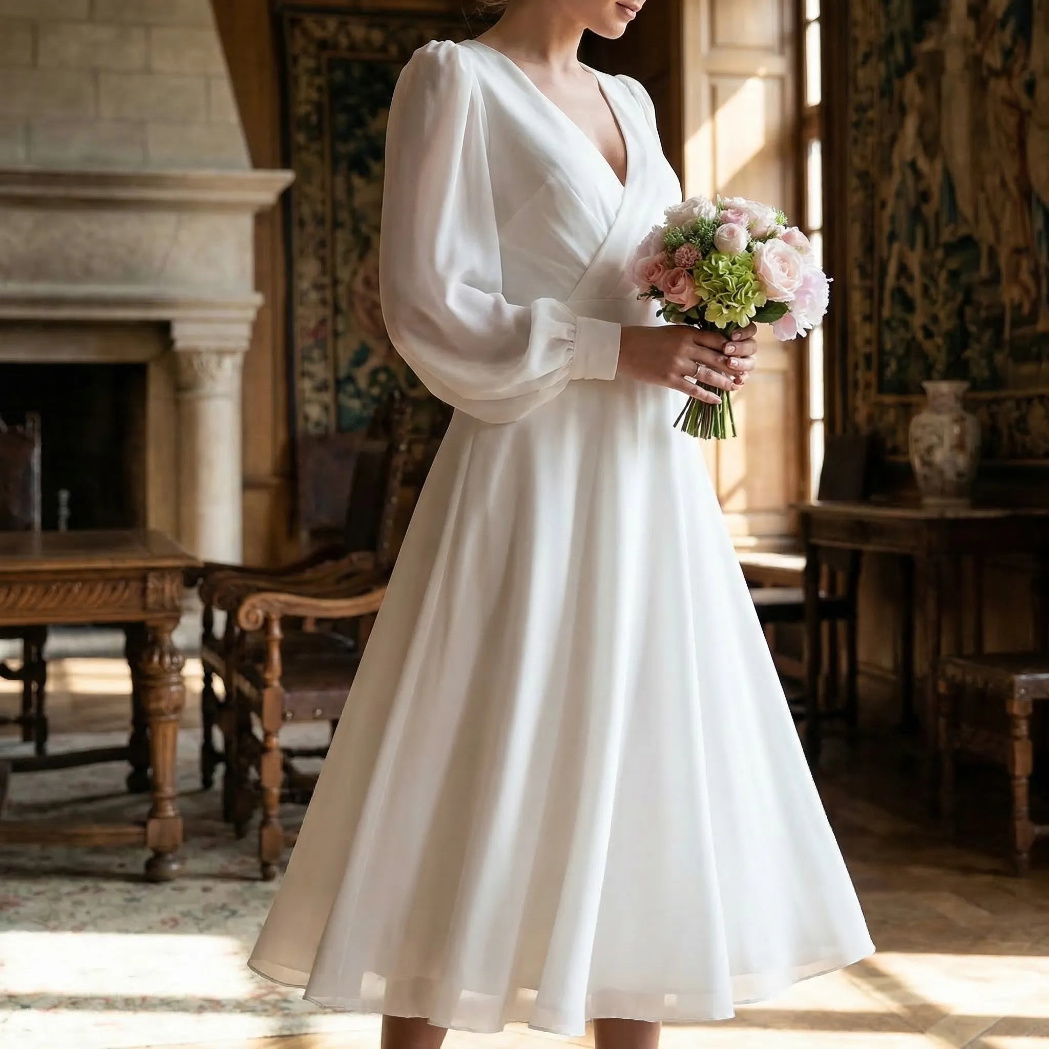 Veloura - Long-Sleeve V-Neck Bridal Dress