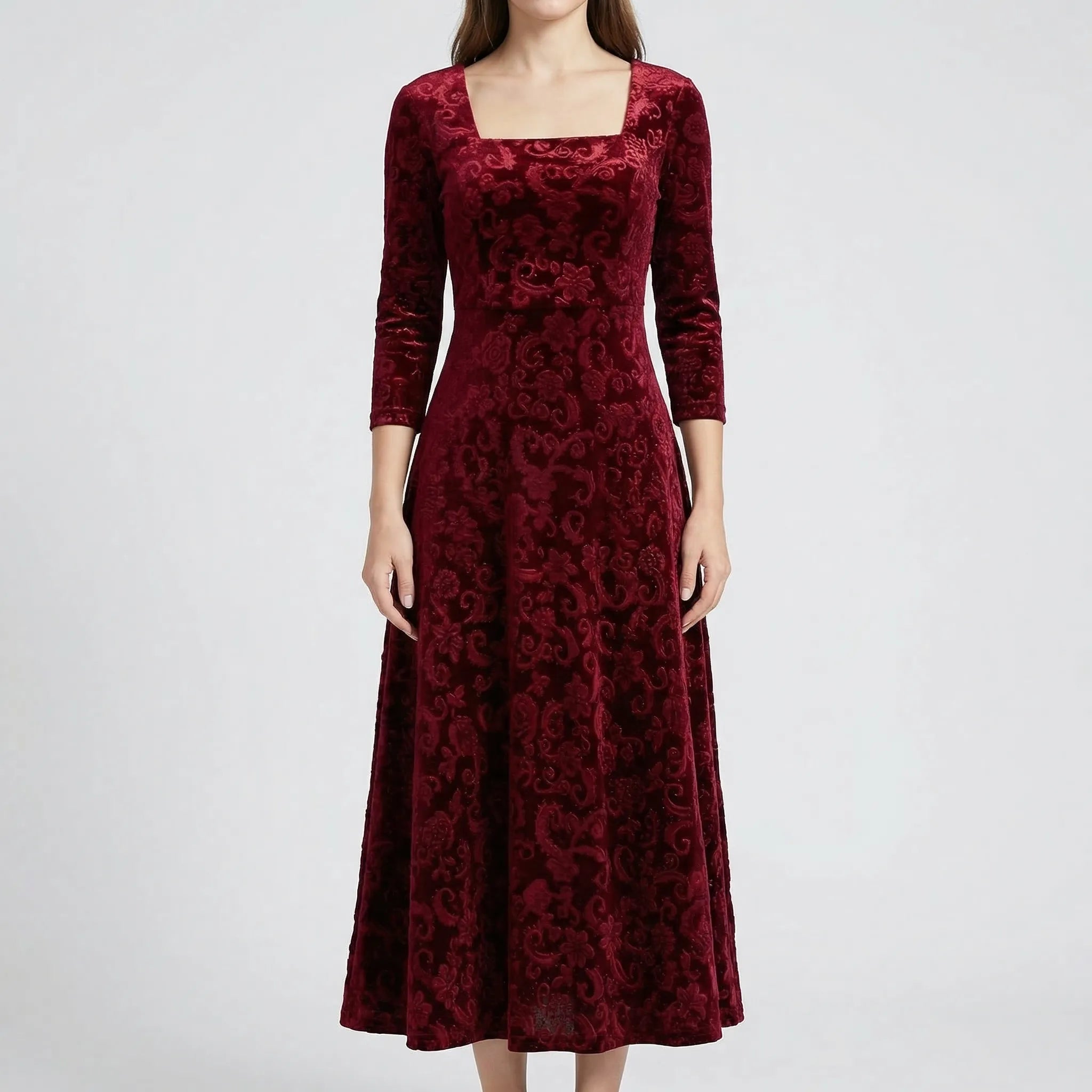 Velourna - Floral Embossed Formal Midi Dress