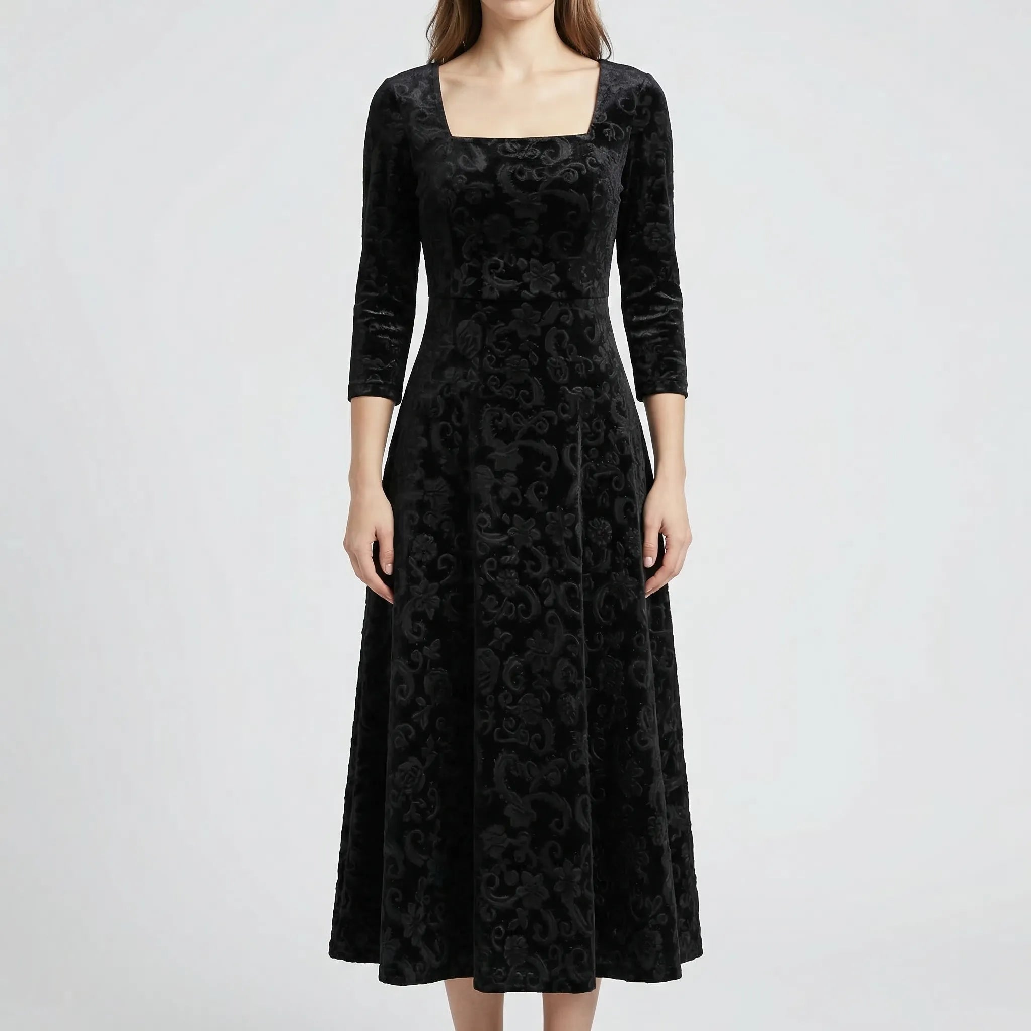 Velourna - Floral Embossed Formal Midi Dress