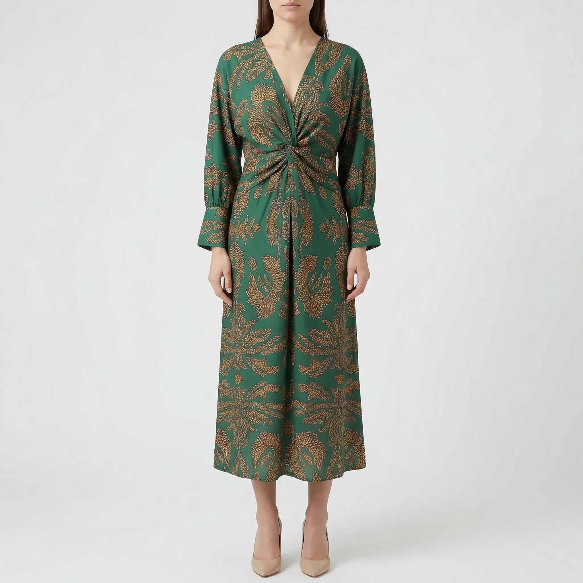 Velvoria - Long-Sleeved Artistic Print Midi Dress