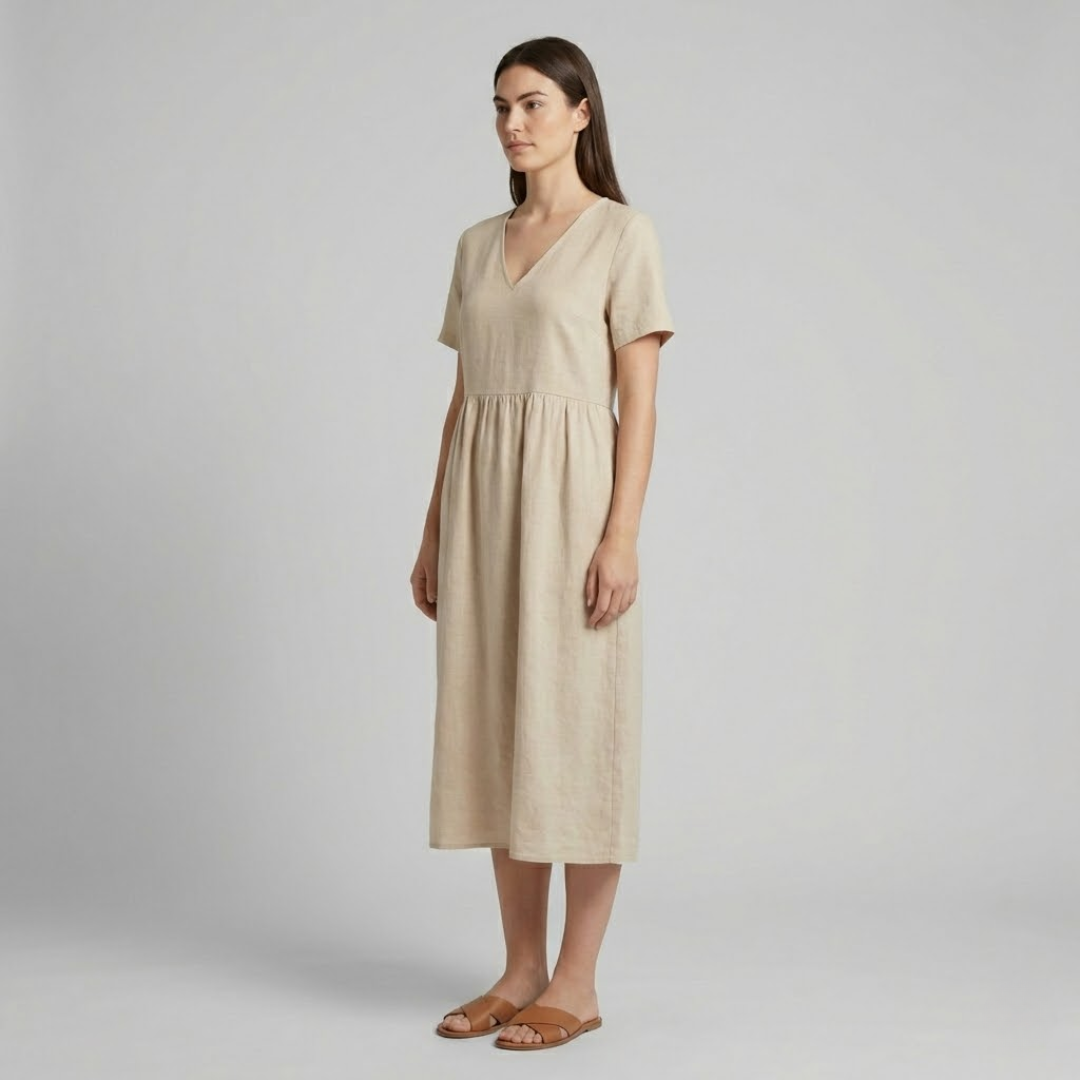 Braumier | Womens Short Sleeve V Neck Midi Dress Beige