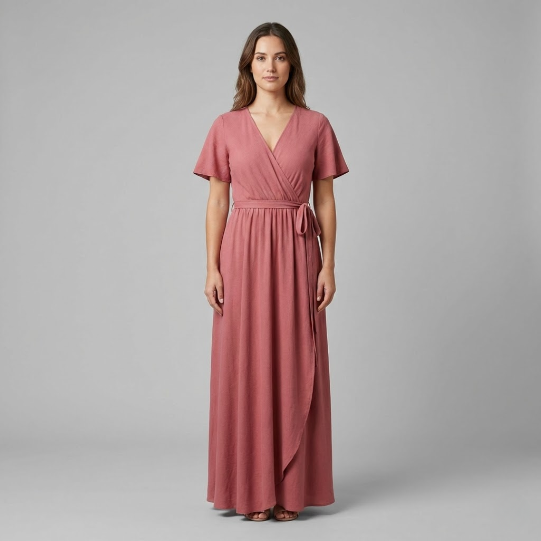 Braumier | Womens Rose V Neck Short Sleeve Wrap Maxi Dress