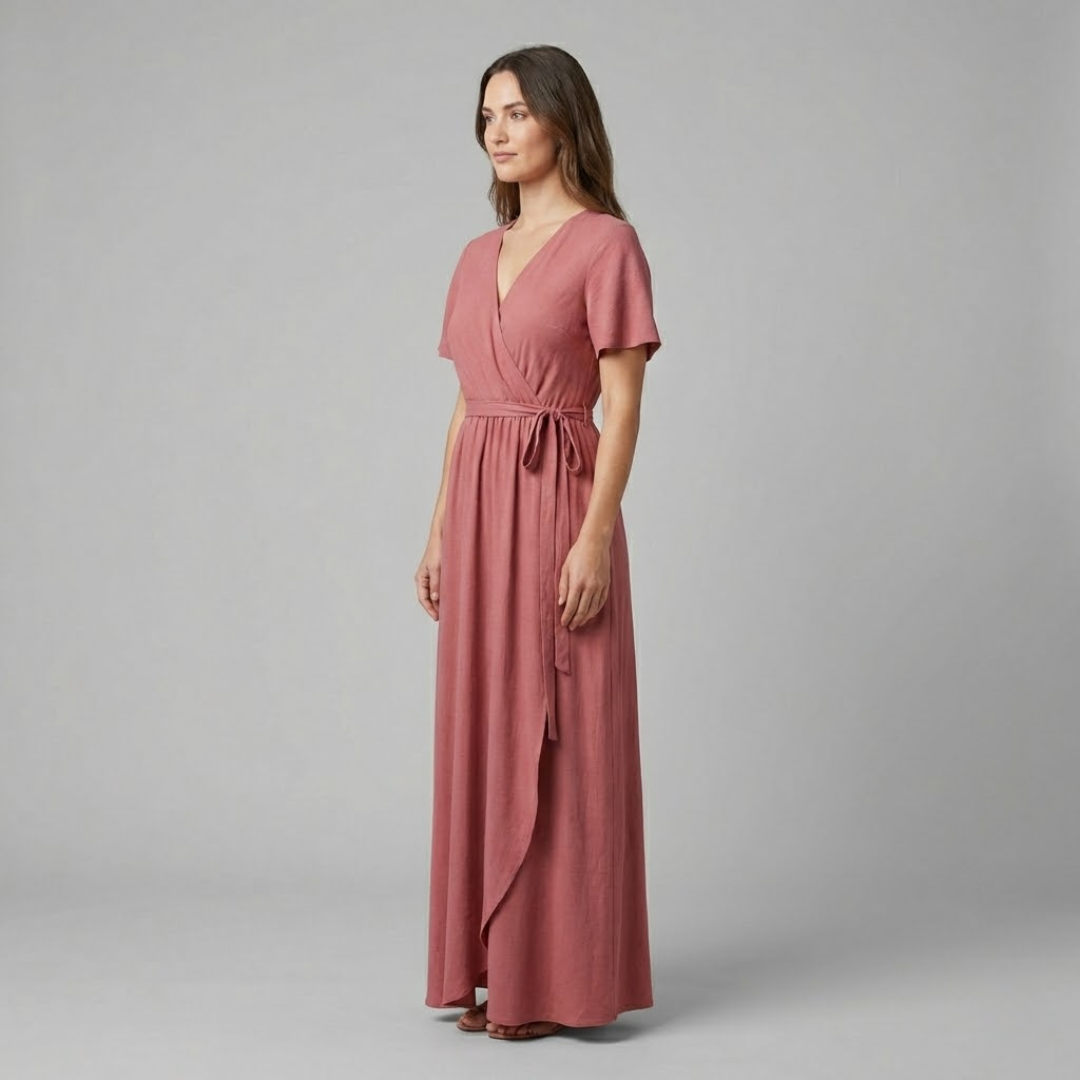 Braumier | Womens Rose V Neck Short Sleeve Wrap Maxi Dress