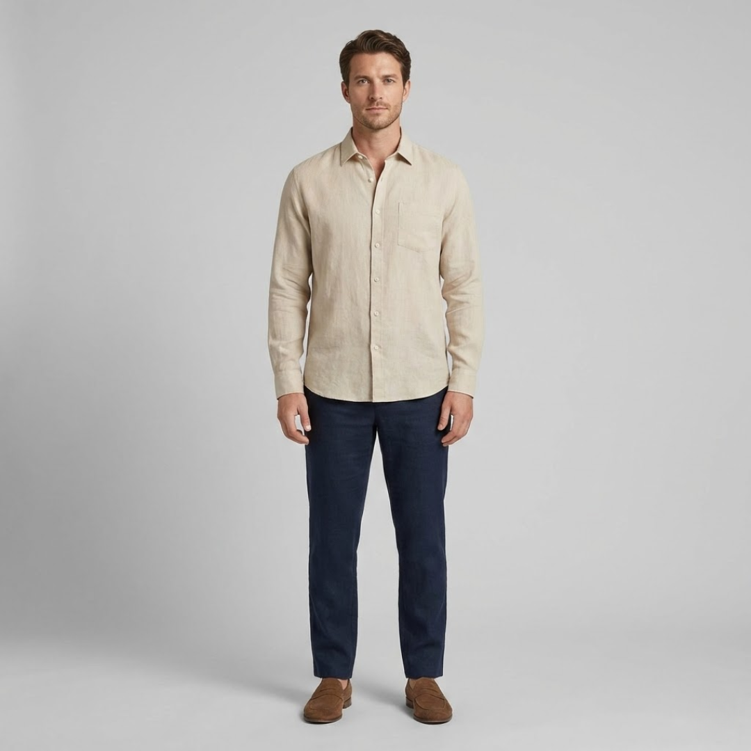 Braumier | Mens Long Sleeve Button Down Shirt Beige