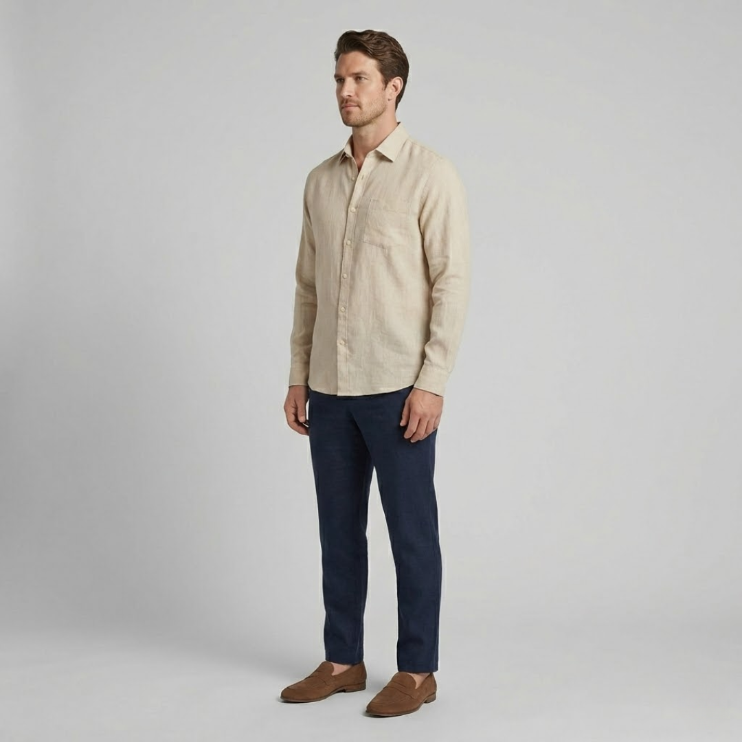 Braumier | Mens Long Sleeve Button Down Shirt Beige