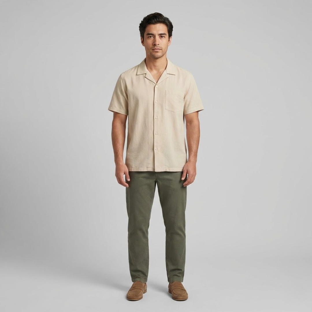 Braumier | Mens Short Sleeve Casual Button Up Shirt Beige