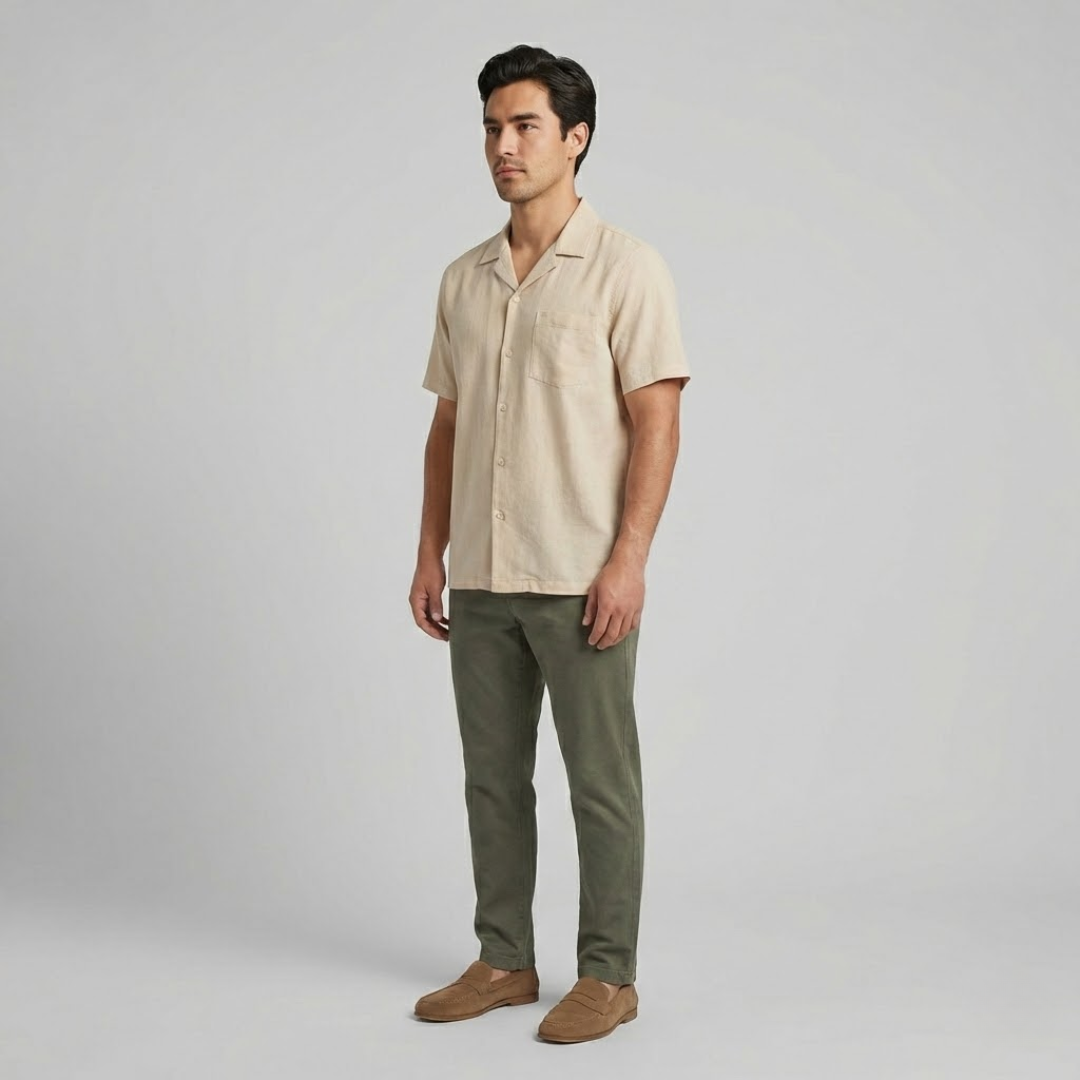 Braumier | Mens Short Sleeve Casual Button Up Shirt Beige