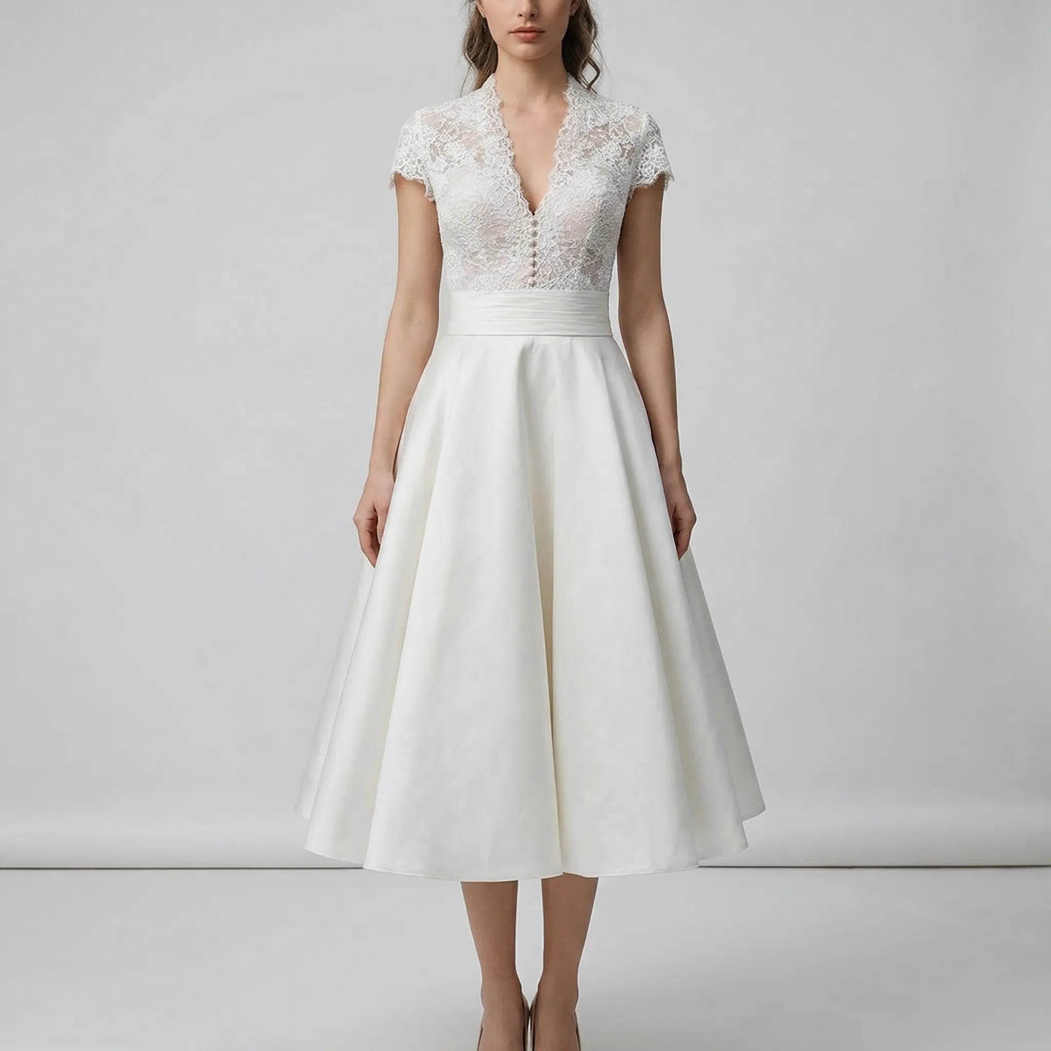 Bellacen - Lace Bodice Midi Wedding Dress