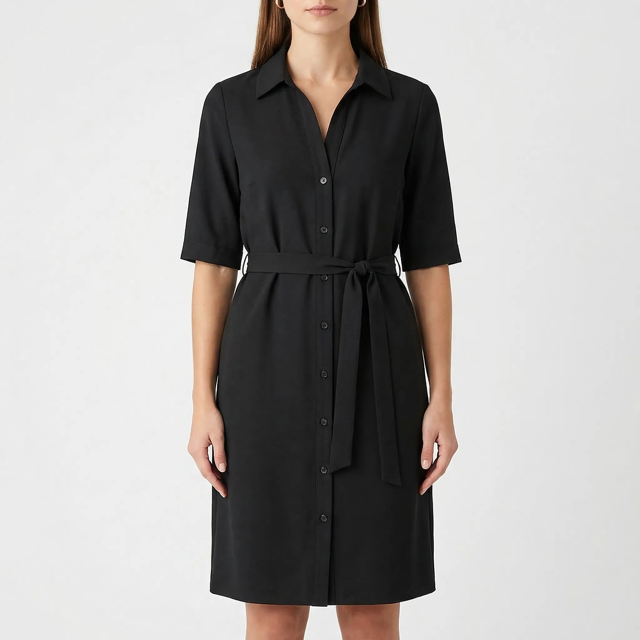 Beltressa - Belted Shirt Dress With Half Sleeves