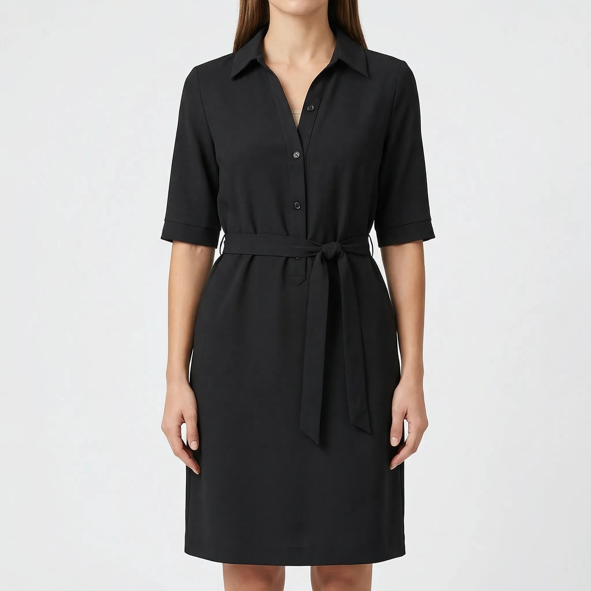 Beltressa - Belted Shirt Dress With Half Sleeves