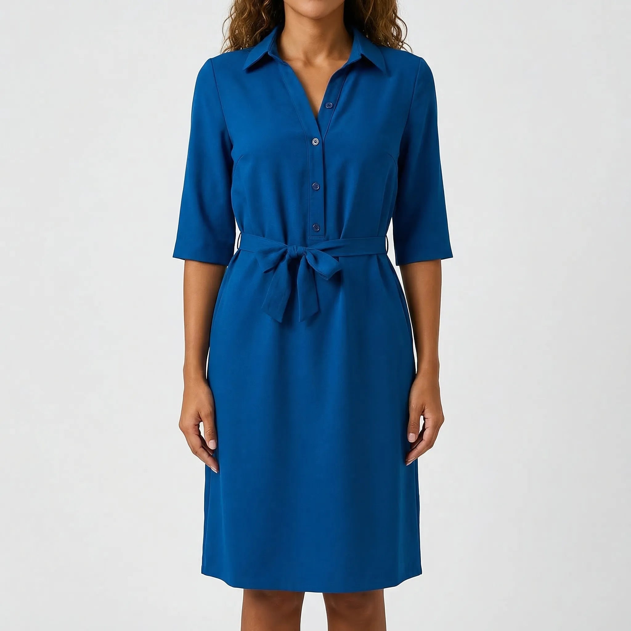 Beltressa - Belted Shirt Dress With Half Sleeves