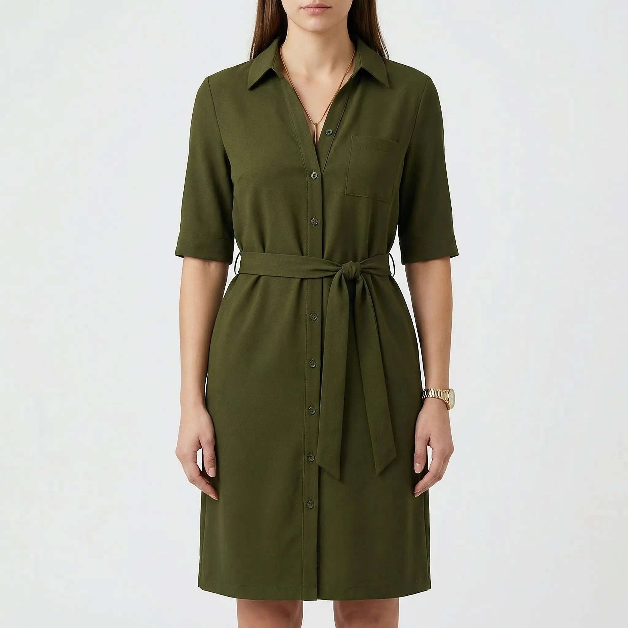 Beltressa - Belted Shirt Dress With Half Sleeves