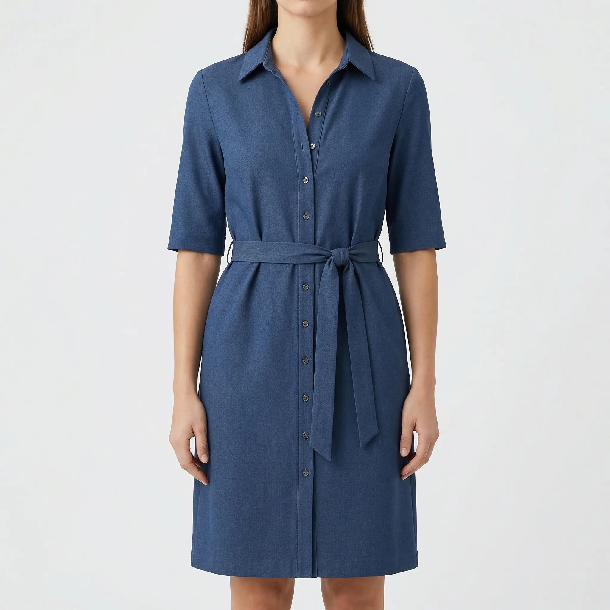 Beltressa - Belted Shirt Dress With Half Sleeves