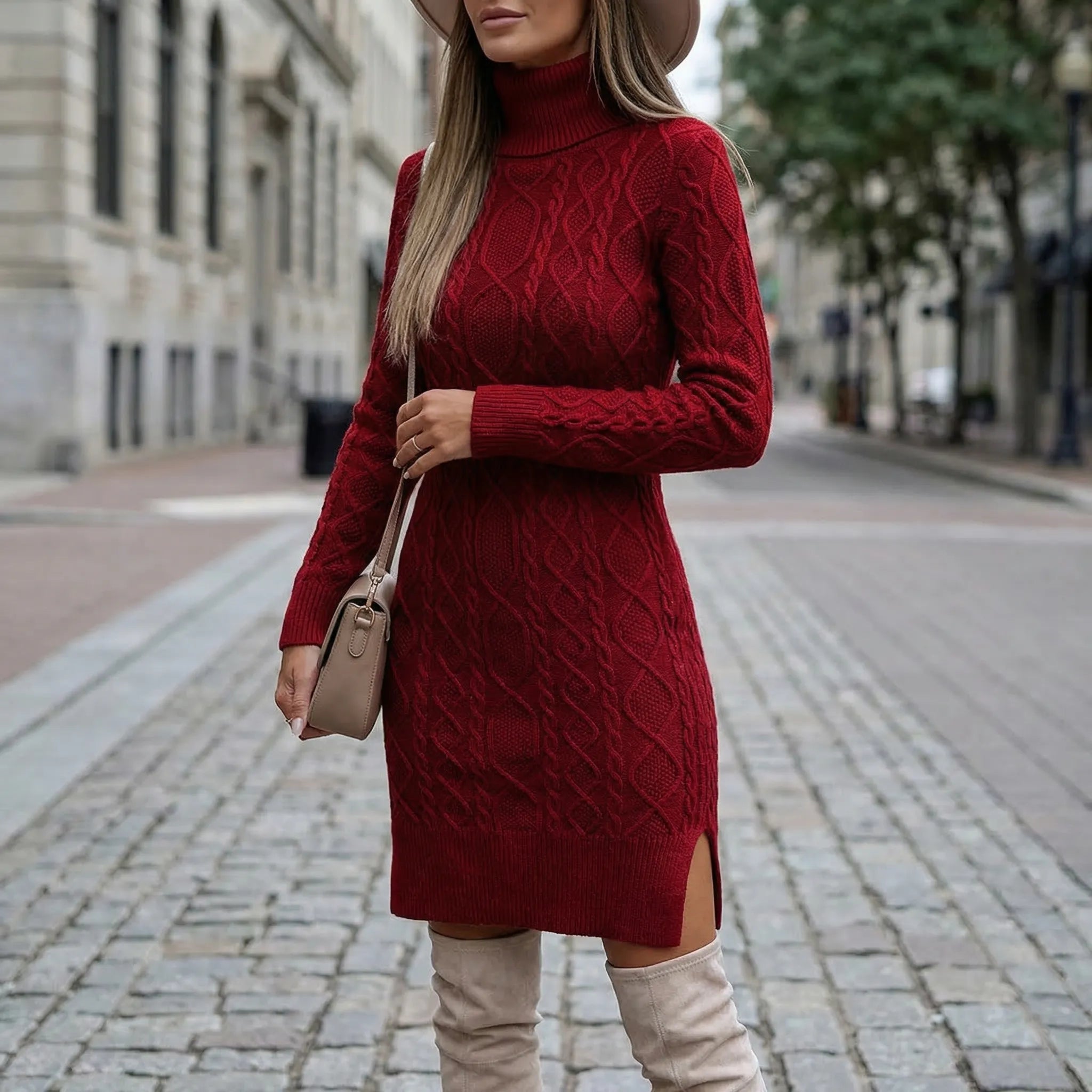 Cablique - Cable-Knit Turtleneck Midi Dress