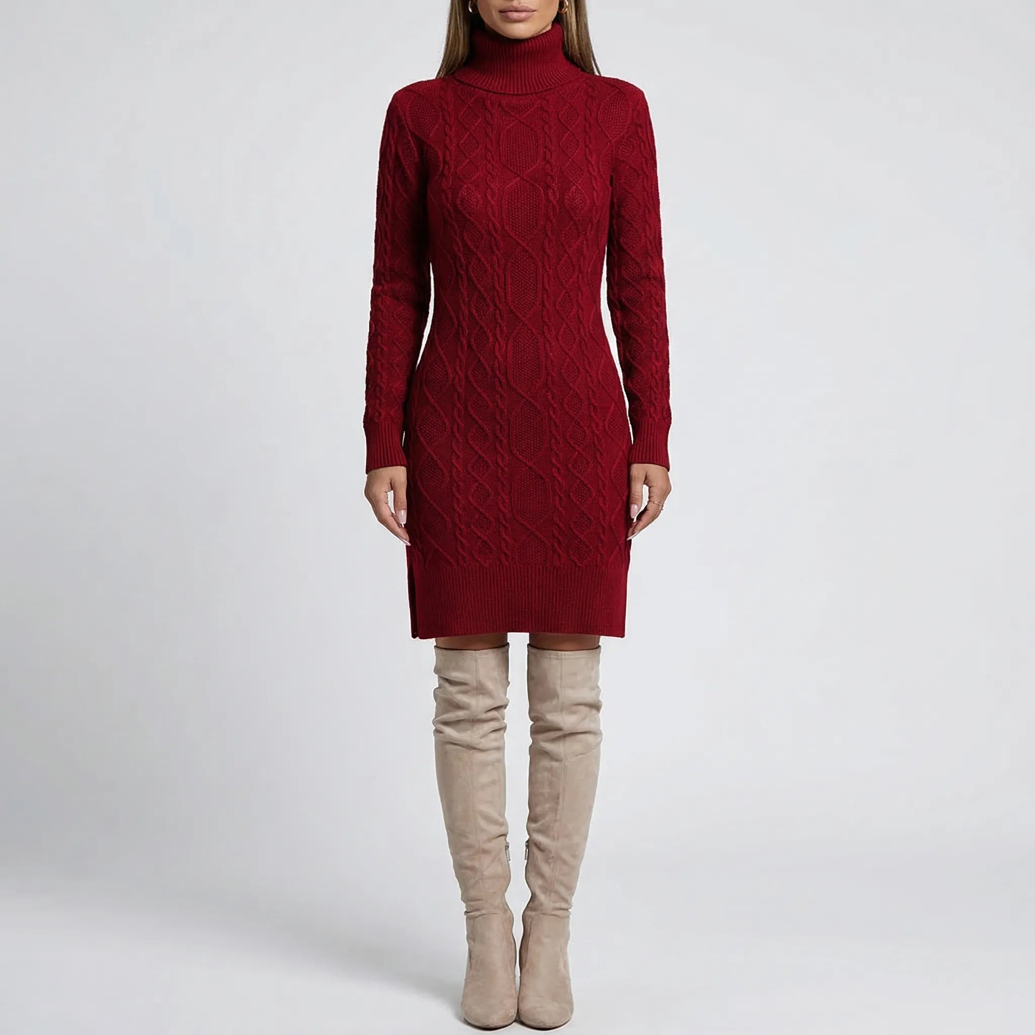 Cablique - Cable-Knit Turtleneck Midi Dress