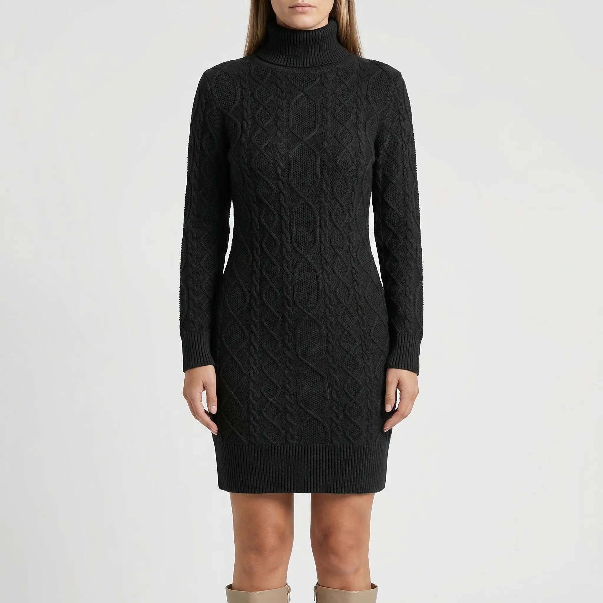 Cablique - Cable-Knit Turtleneck Midi Dress