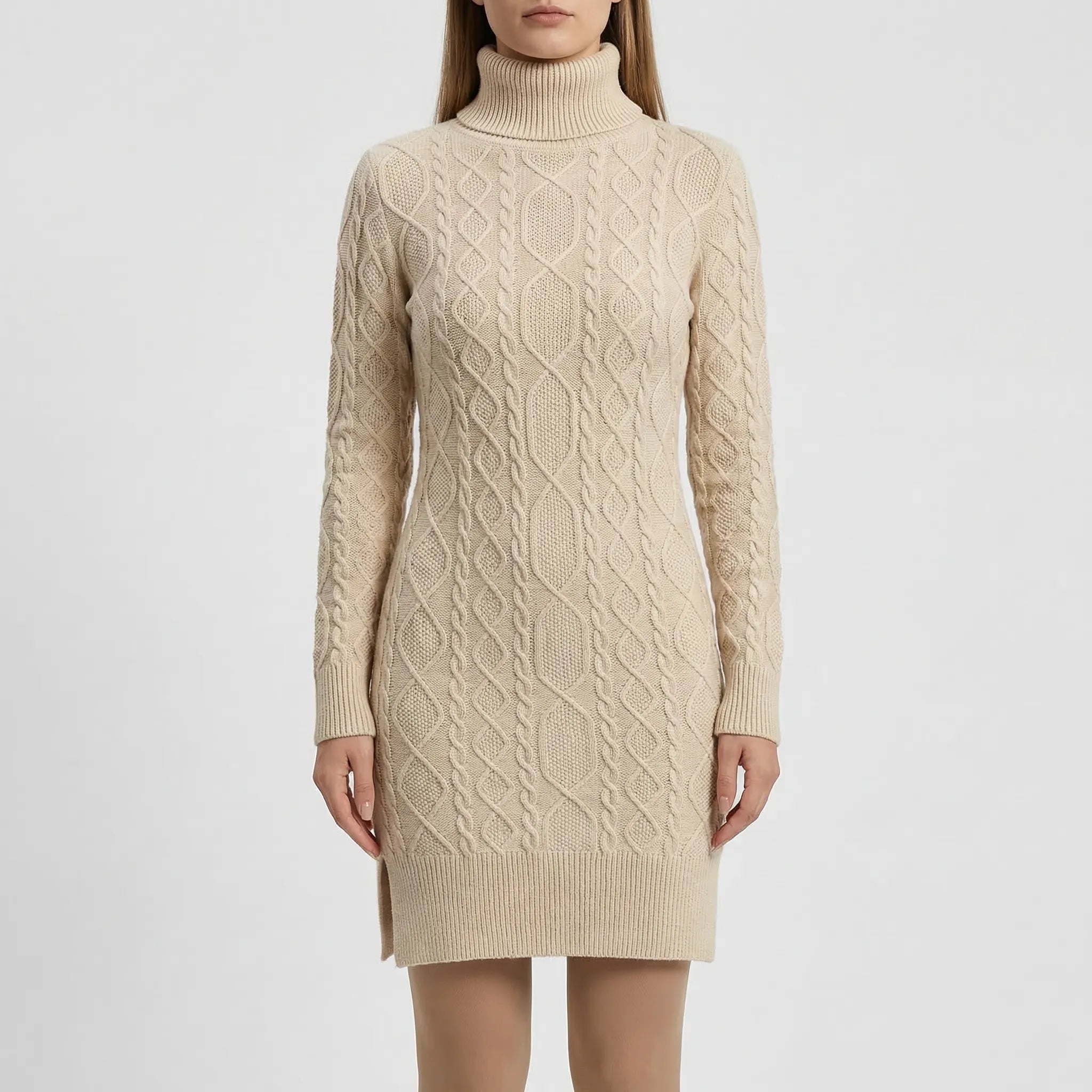 Cablique - Cable-Knit Turtleneck Midi Dress