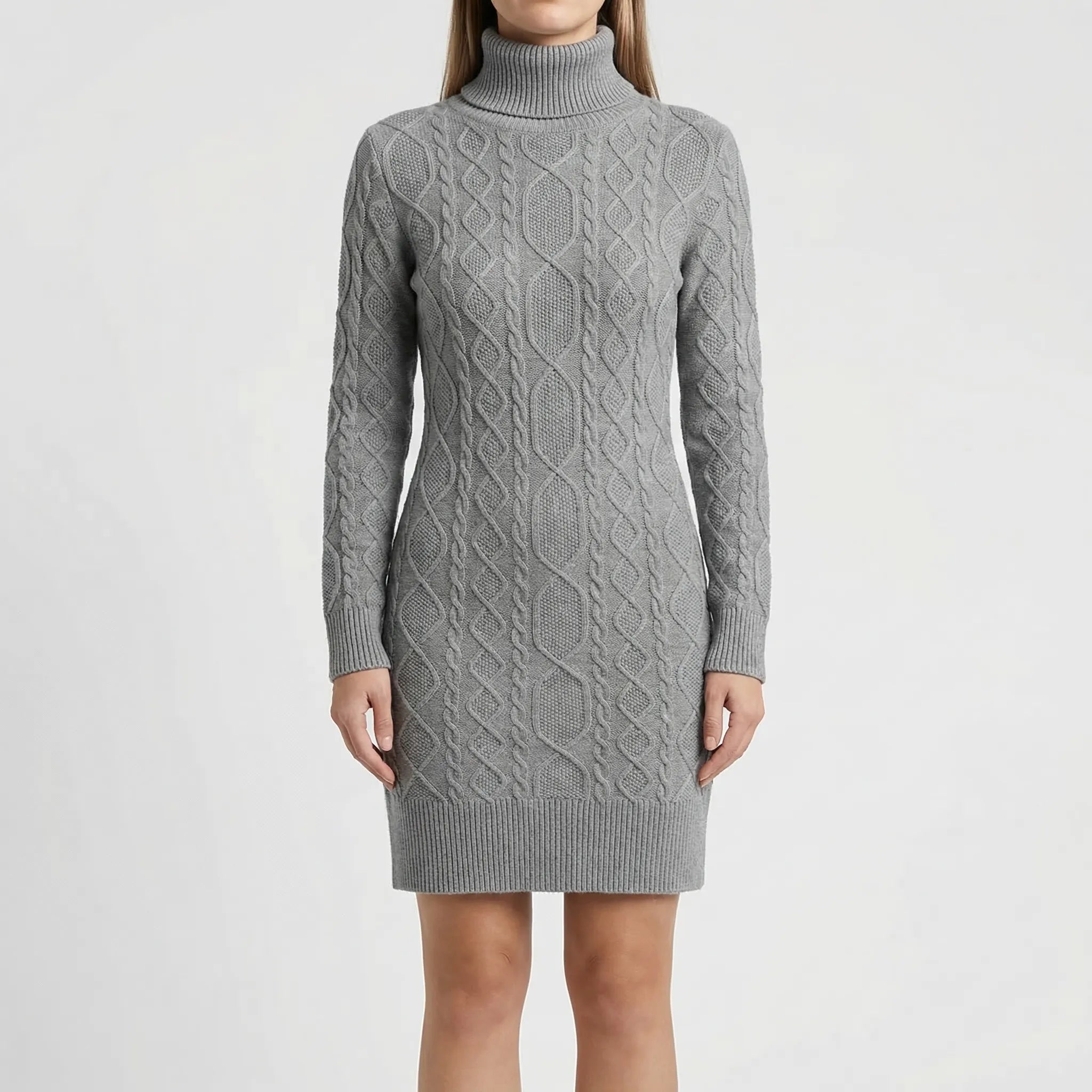 Cablique - Cable-Knit Turtleneck Midi Dress