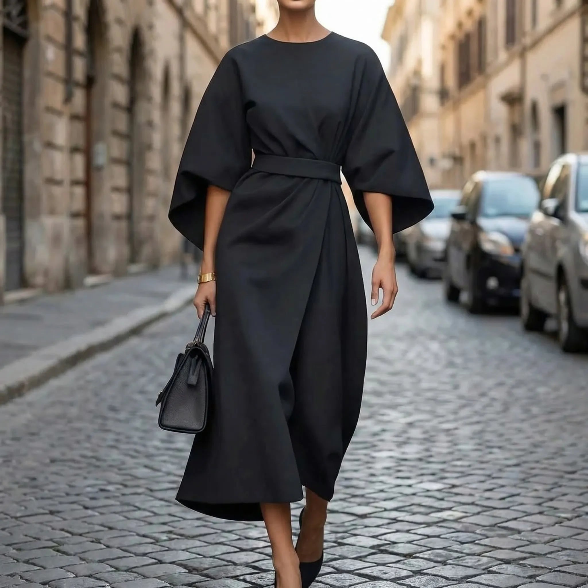 Drapolux - Belted Waist Midi Dress