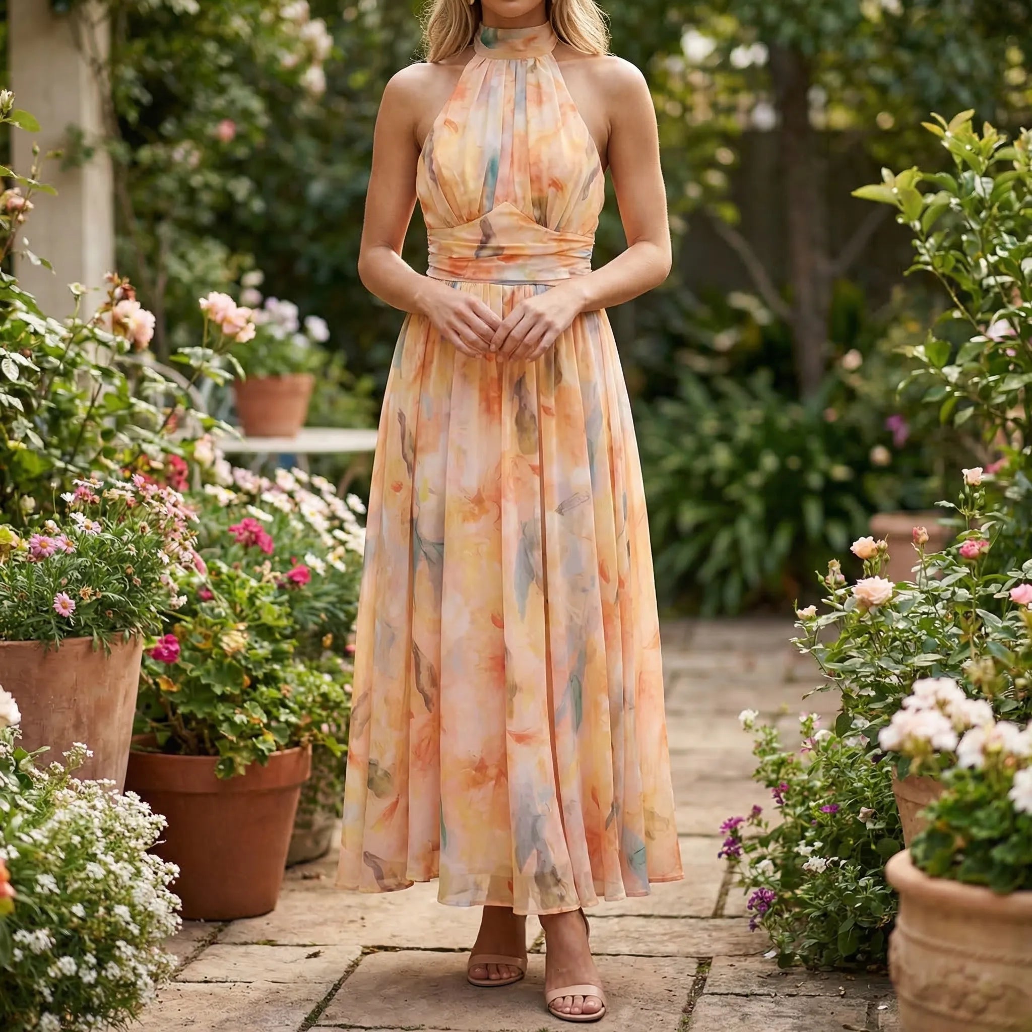 Floralla - Floral Halter-Neck Maxi Dress