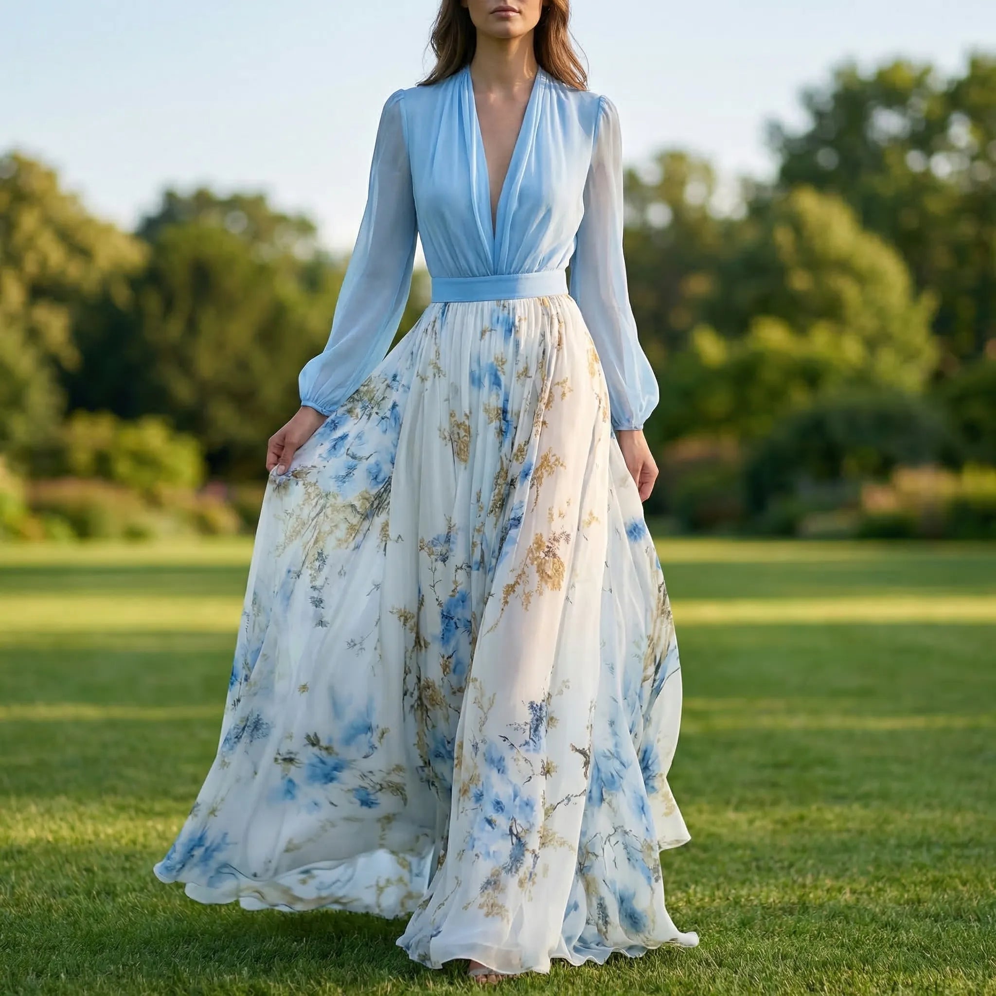 Floravia - Floral Print V-Neck Maxi Dress