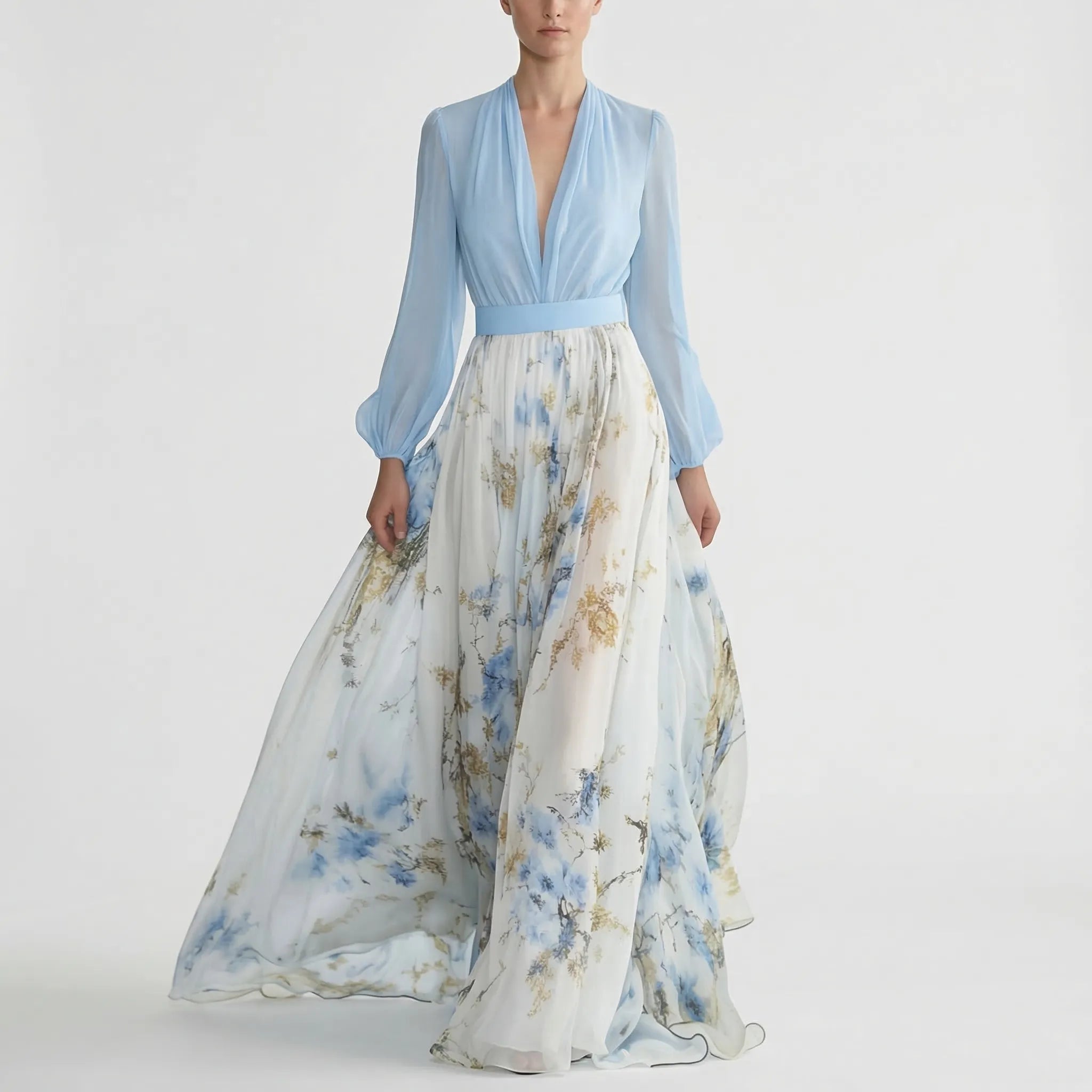 Floravia - Floral Print V-Neck Maxi Dress