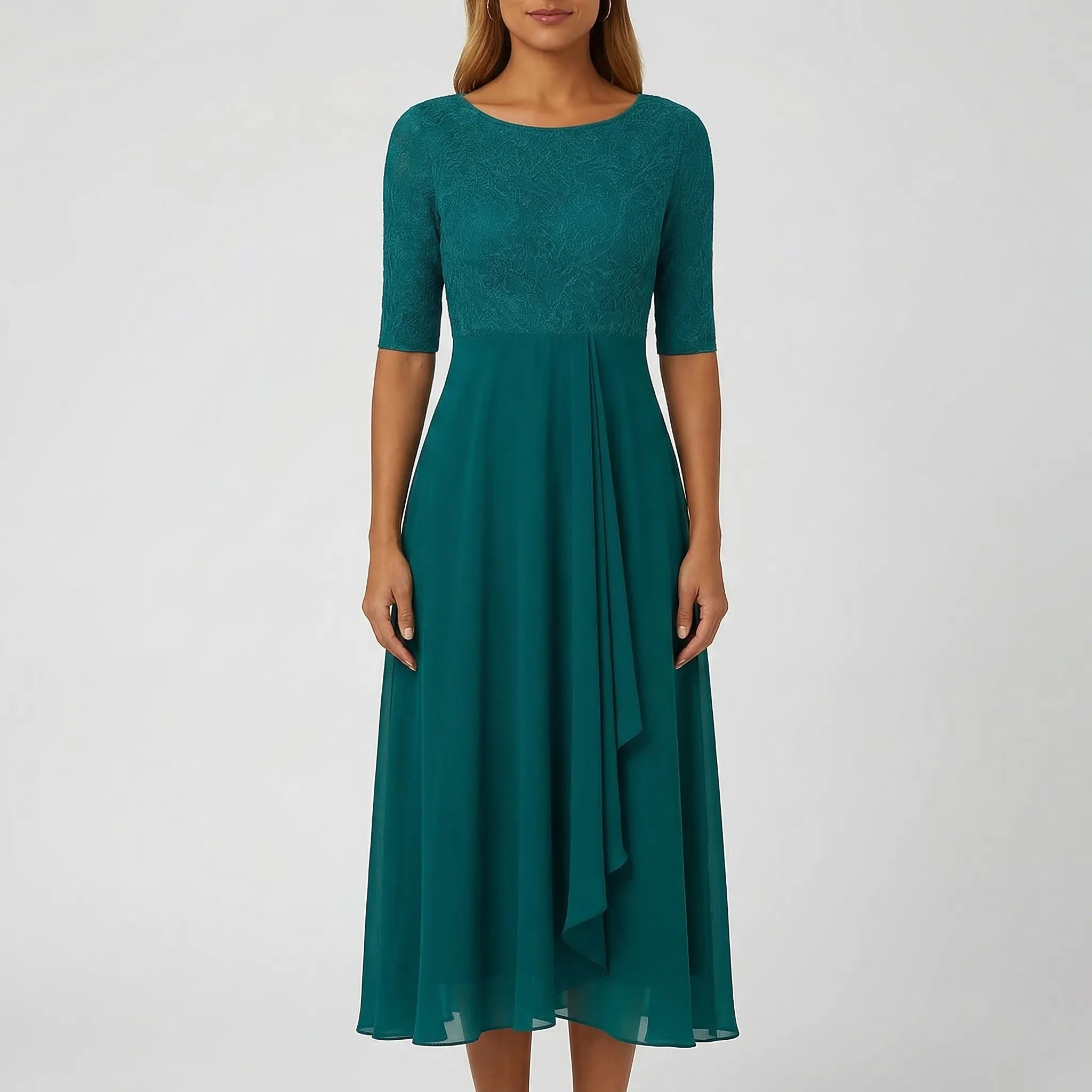 Florvelle - A-Line Midi Dress With Lace Bodice