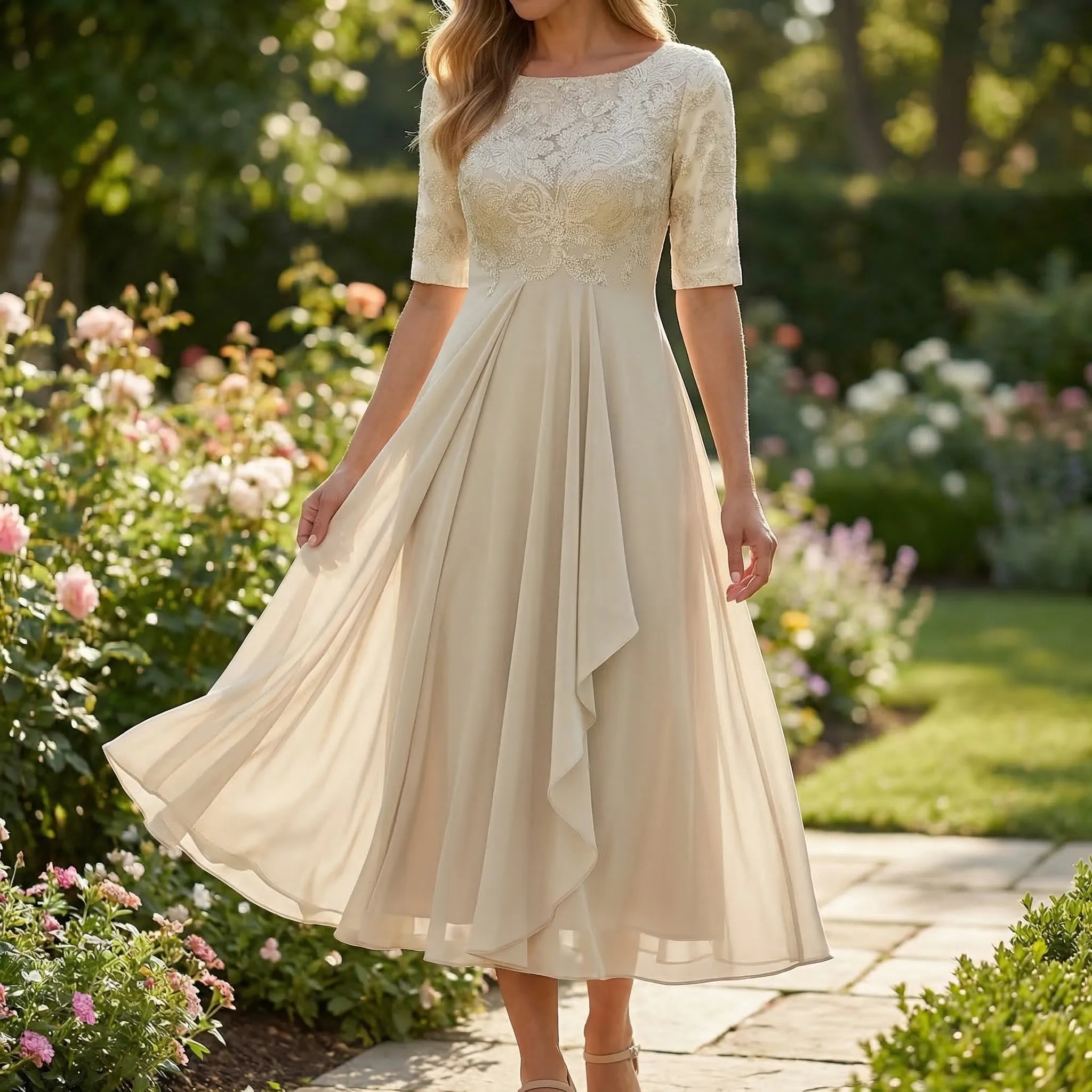 Florvelle - A-Line Midi Dress With Lace Bodice