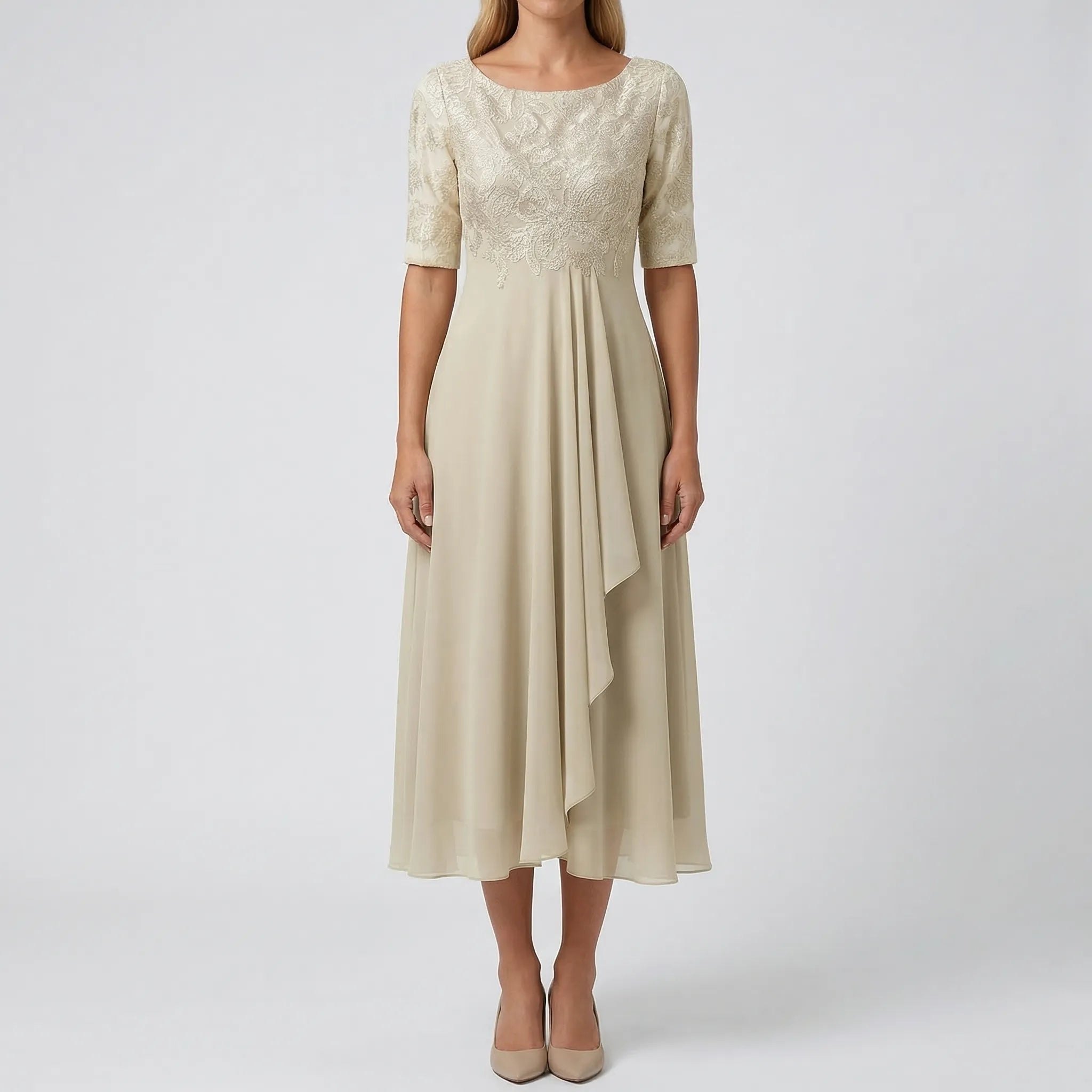 Florvelle - A-Line Midi Dress With Lace Bodice