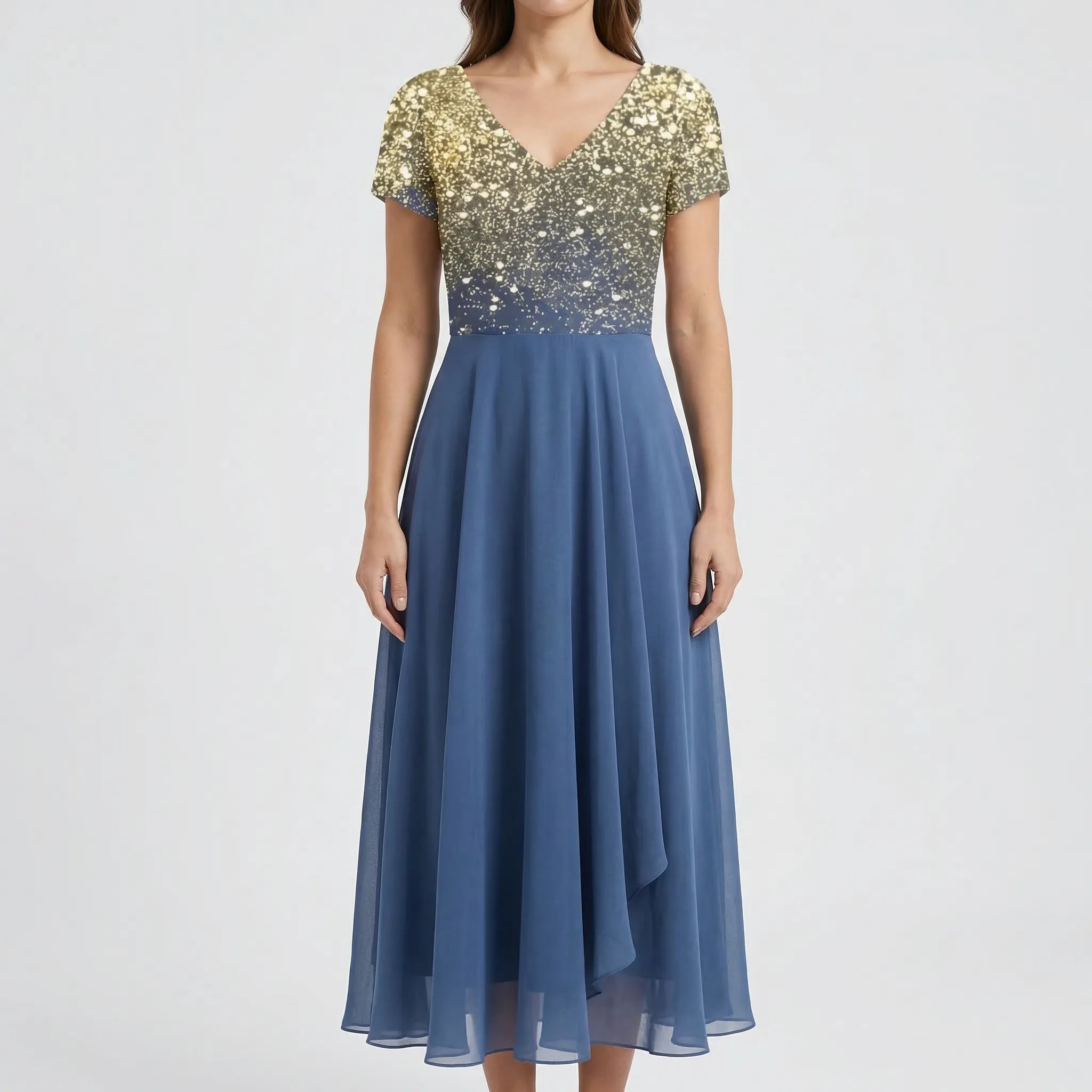 Florvelle - Floral Bodice Midi Dress With Short Sleeves