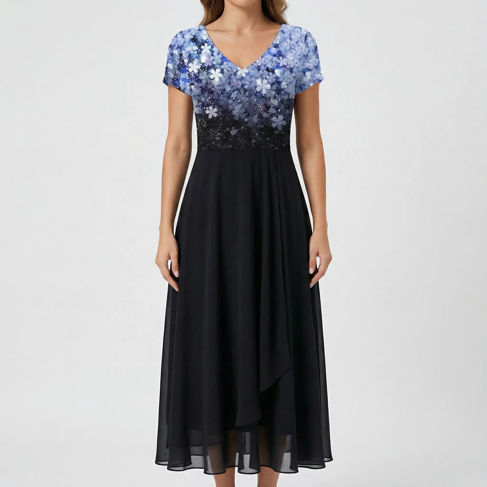 Florvelle - Floral Bodice Midi Dress With Short Sleeves