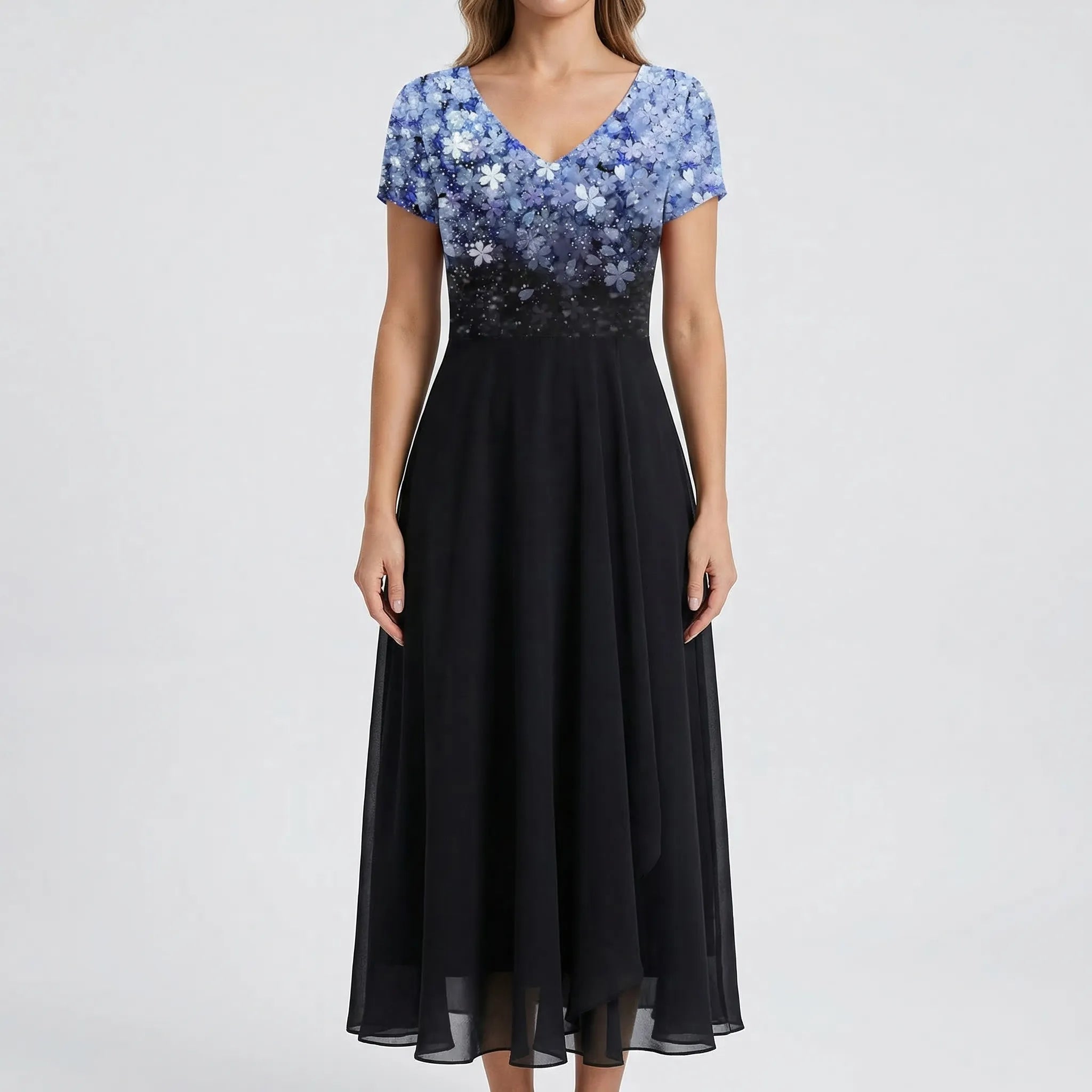Florvelle - Floral Bodice Midi Dress With Short Sleeves