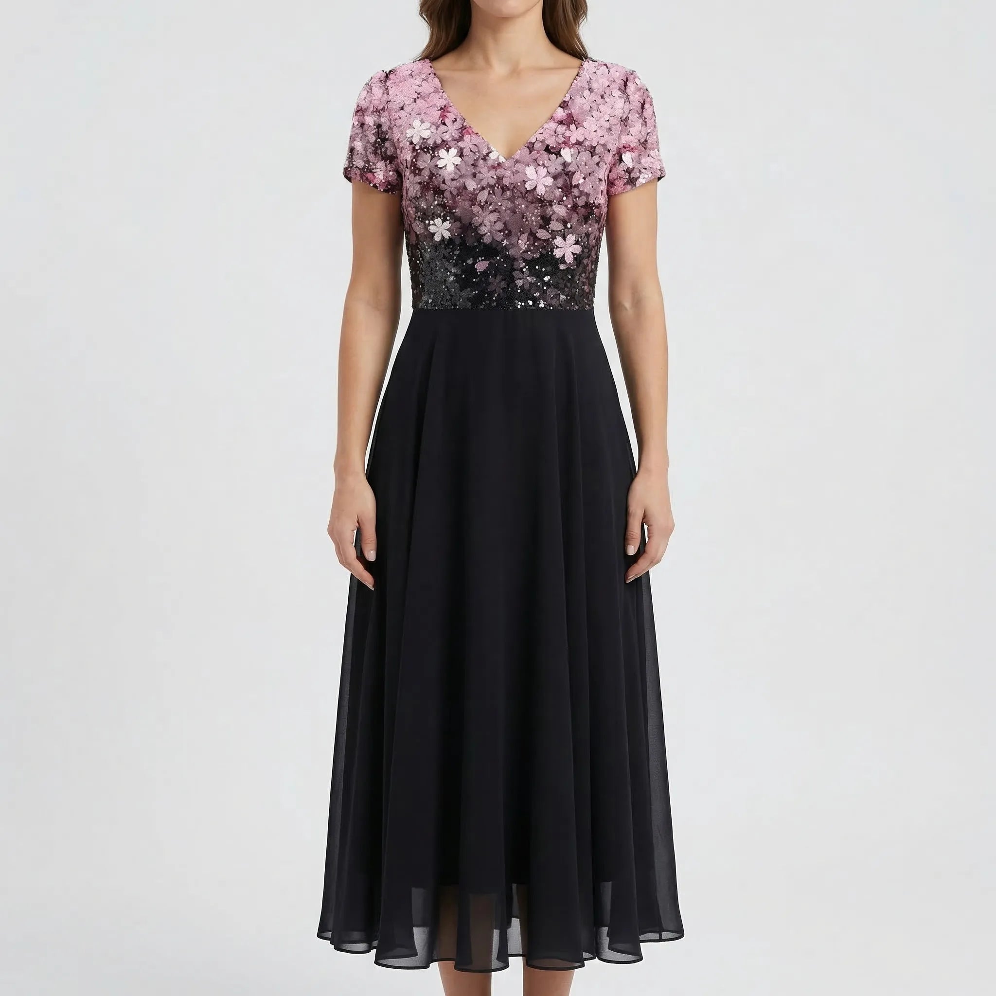 Florvelle - Floral Bodice Midi Dress With Short Sleeves