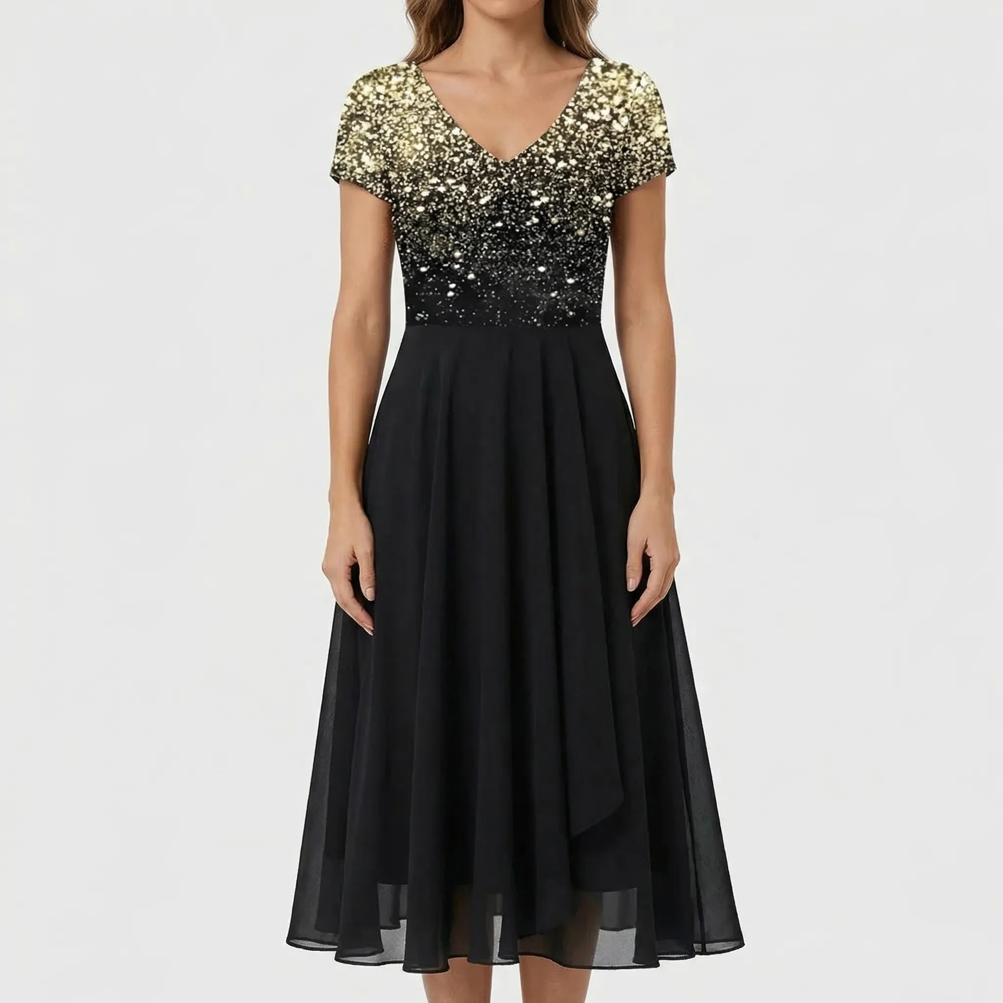 Florvelle - Floral Bodice Midi Dress With Short Sleeves