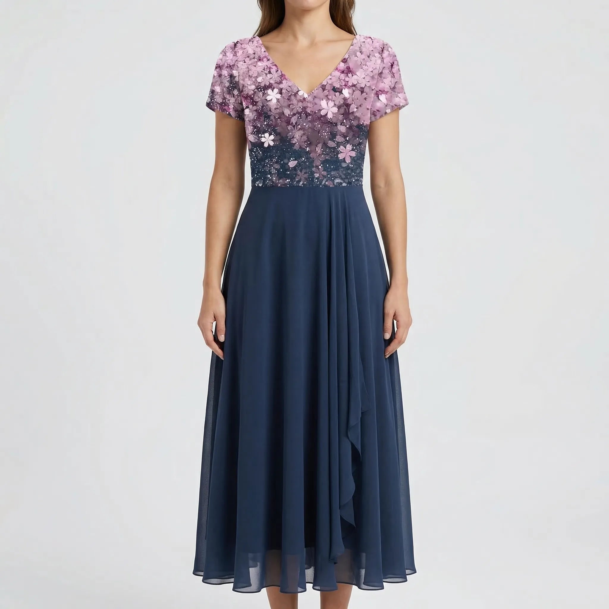 Florvelle - Floral Bodice Midi Dress With Short Sleeves