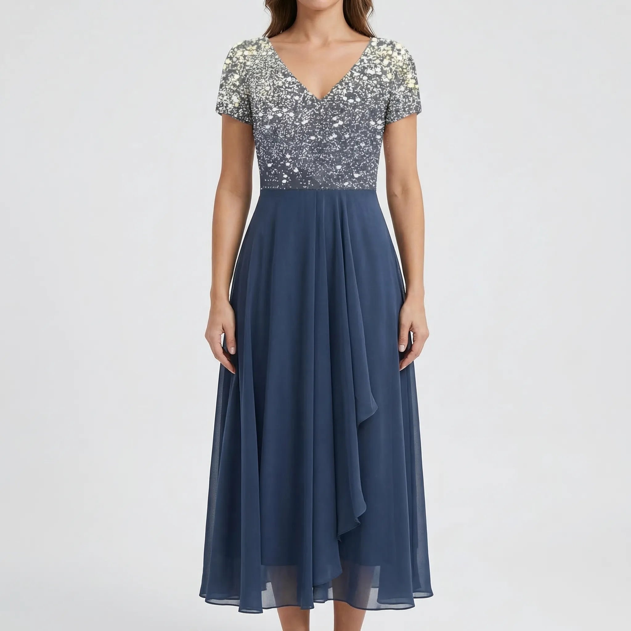 Florvelle - Floral Bodice Midi Dress With Short Sleeves