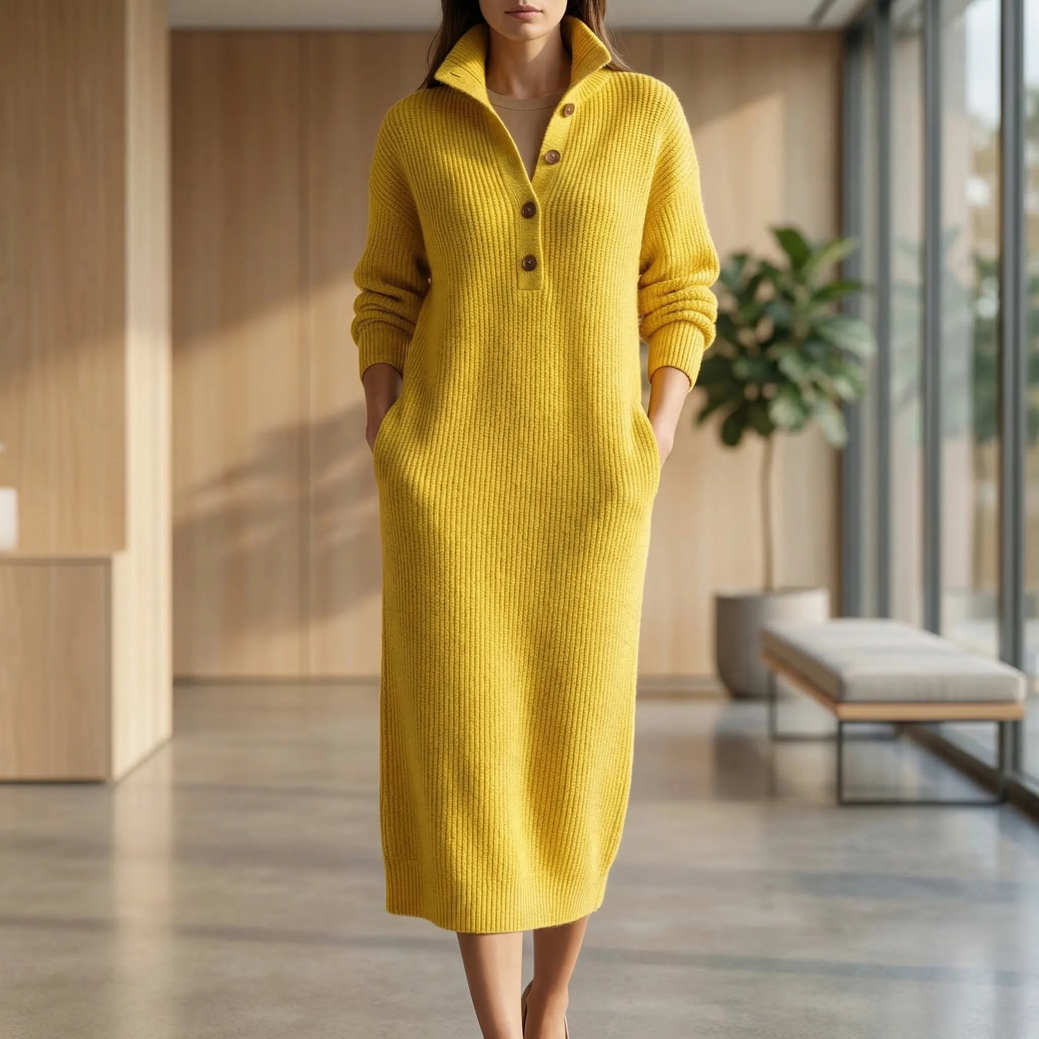Ribbelle - Ribbed Midi Dress With Button Placket