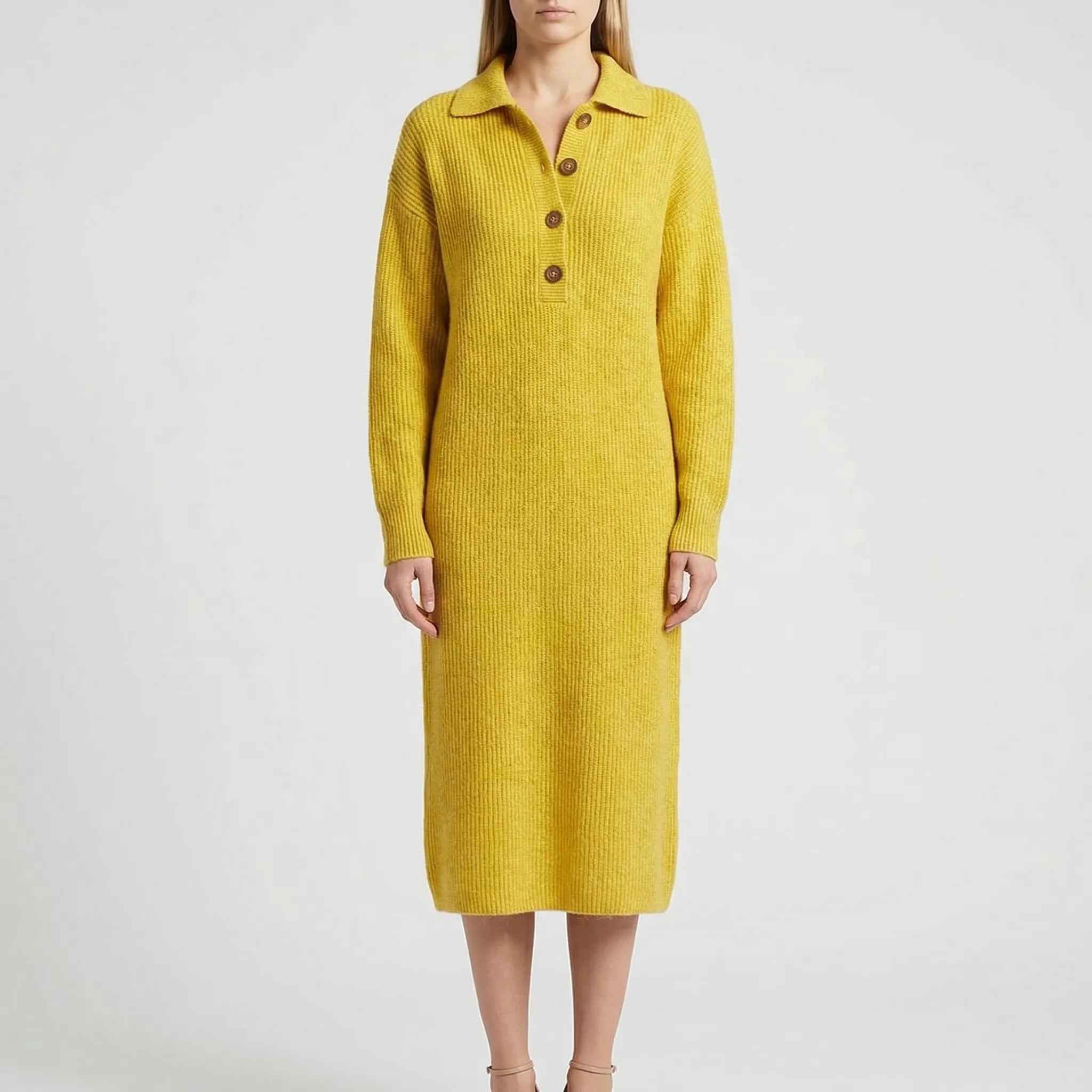 Ribbelle - Ribbed Midi Dress With Button Placket