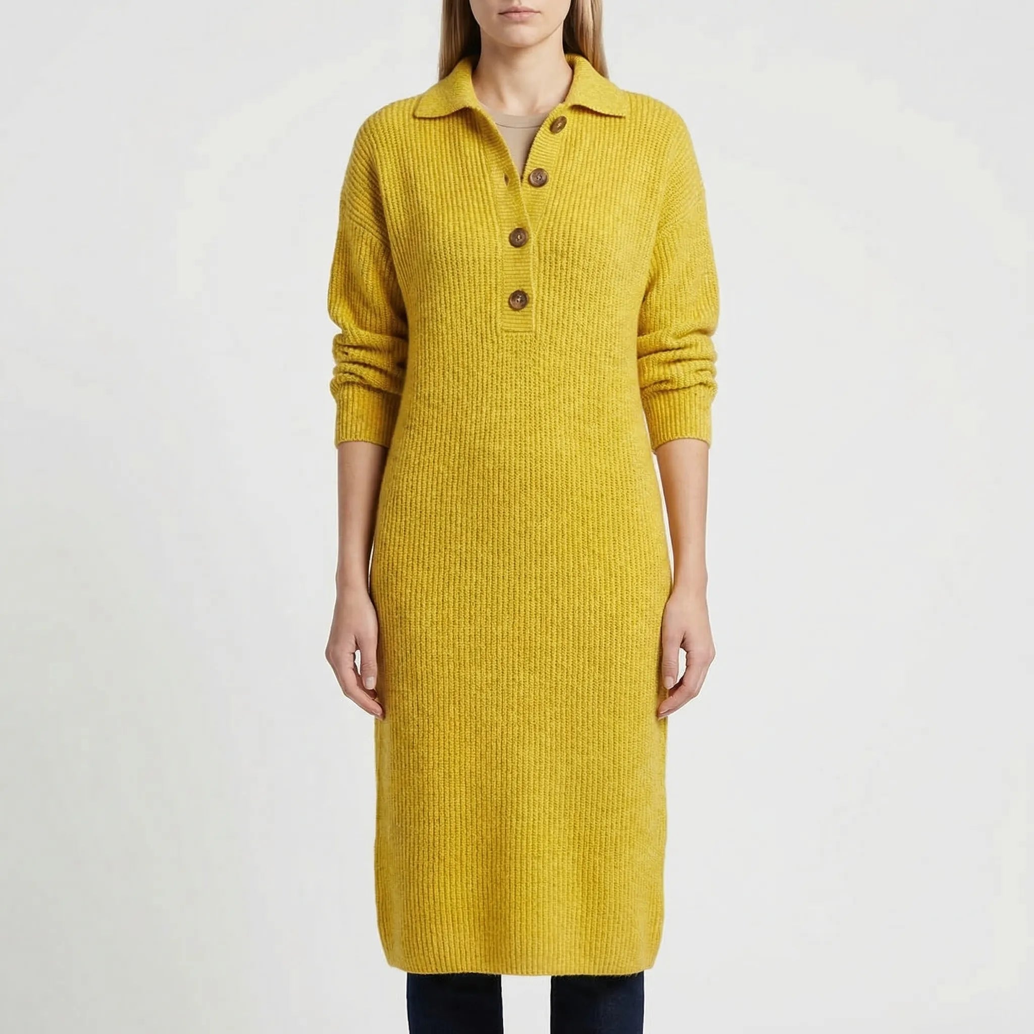 Ribbelle - Ribbed Midi Dress With Button Placket