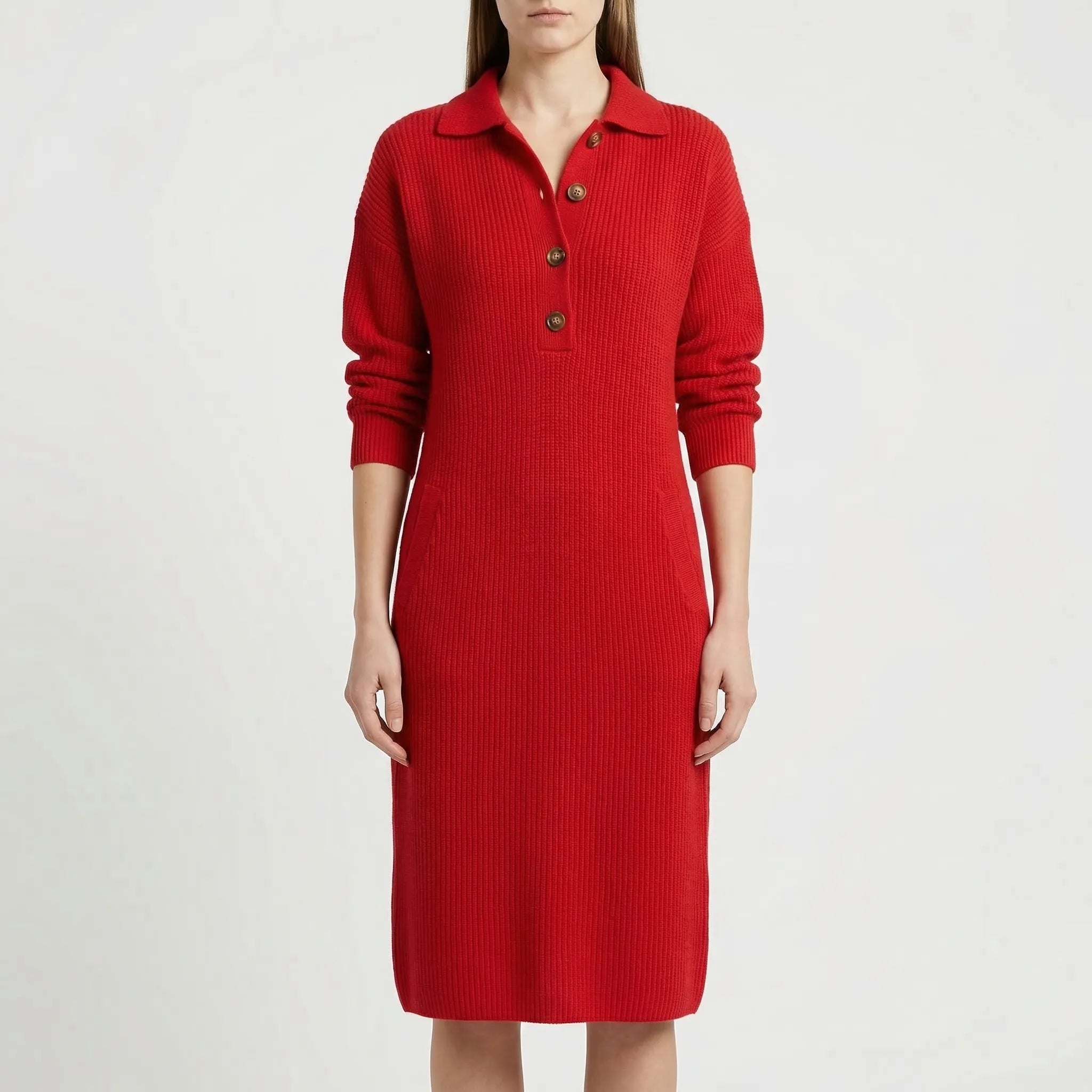 Ribbelle - Ribbed Midi Dress With Button Placket
