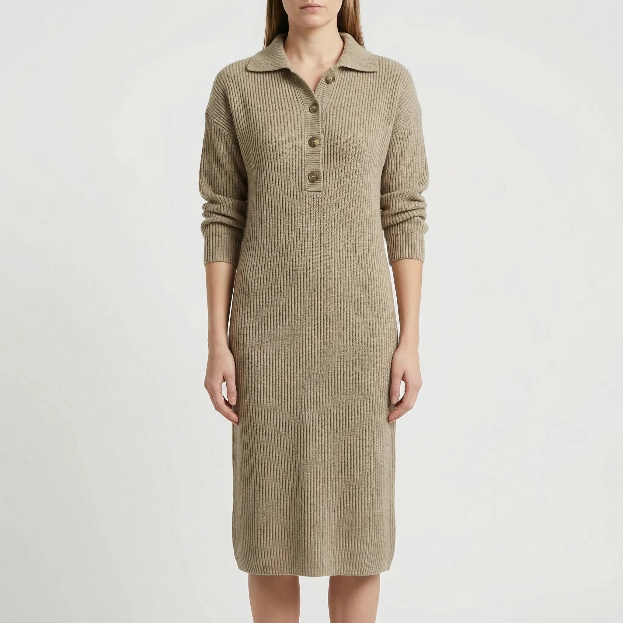 Ribbelle - Ribbed Midi Dress With Button Placket